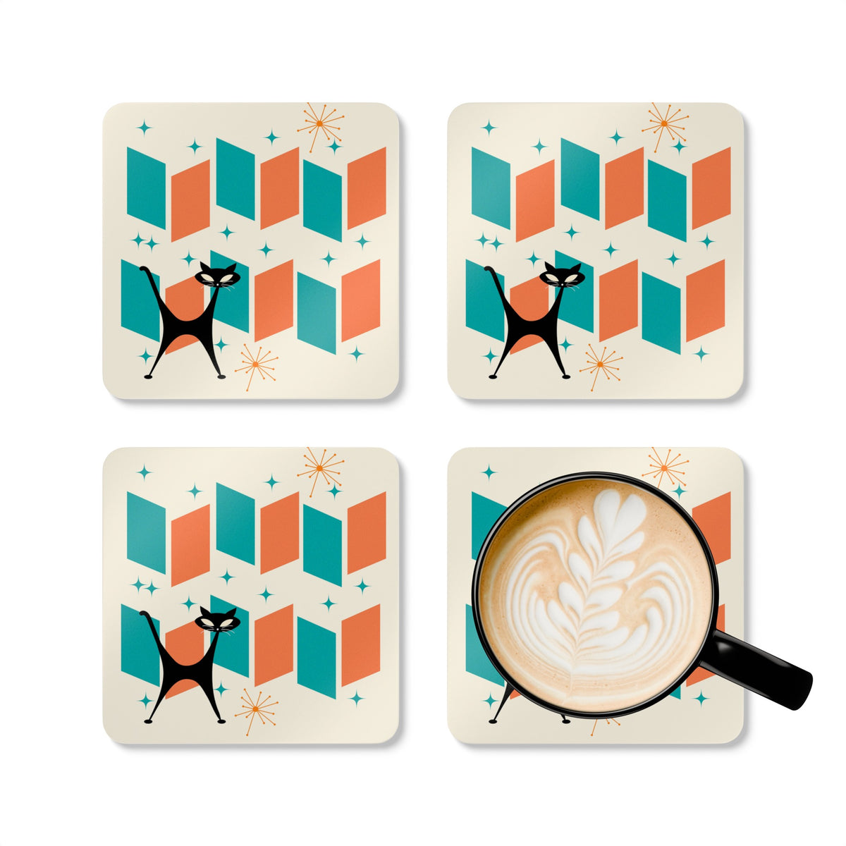 Atomic Cat Coaster Set, Orange, Teal, Retro Mod Corkwood Coaster Set - Mid Century Modern Gal