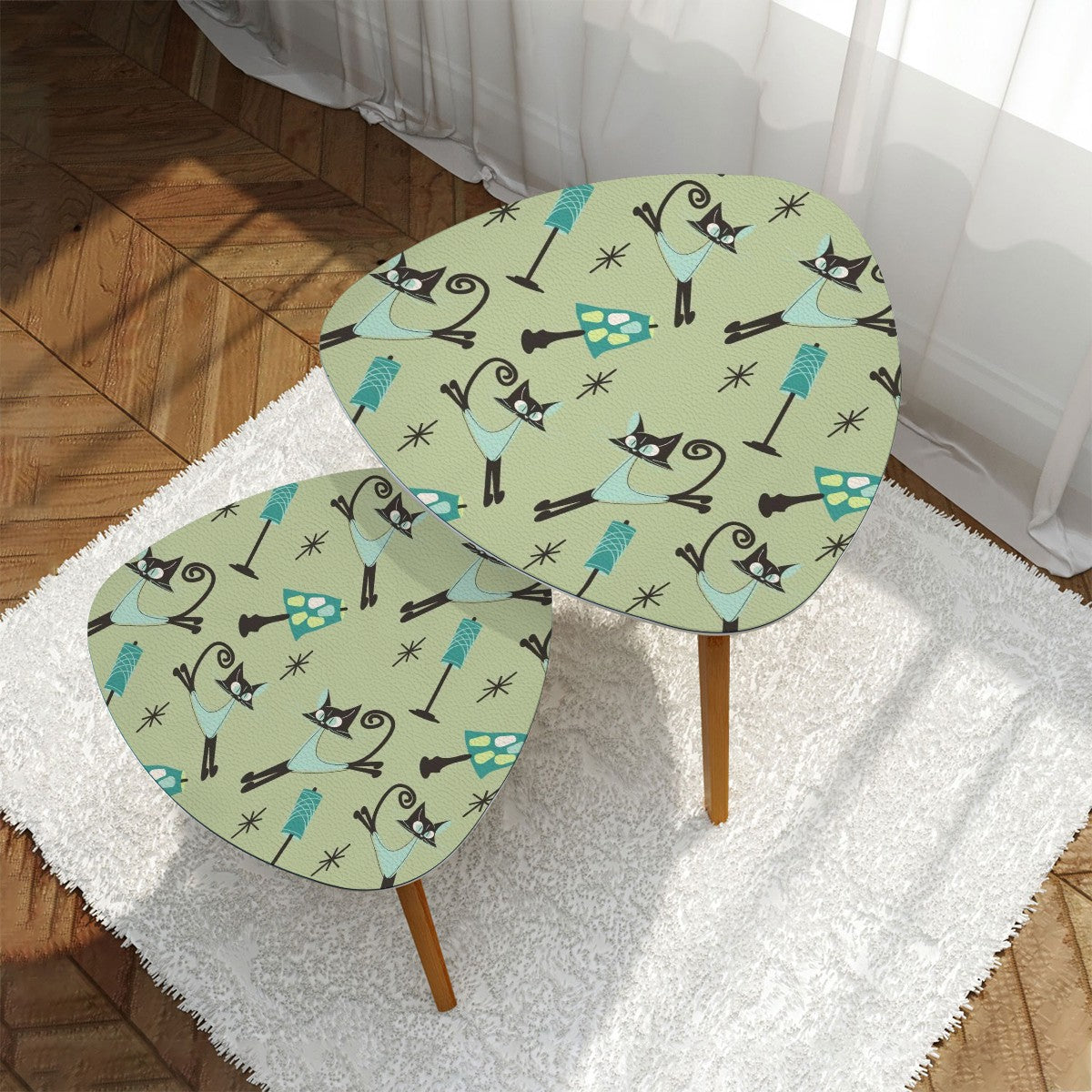 Atomic Cat Kitschy Mod Set Of Two Nesting Tables With Bamboo Legs - Mid Century Modern Gal