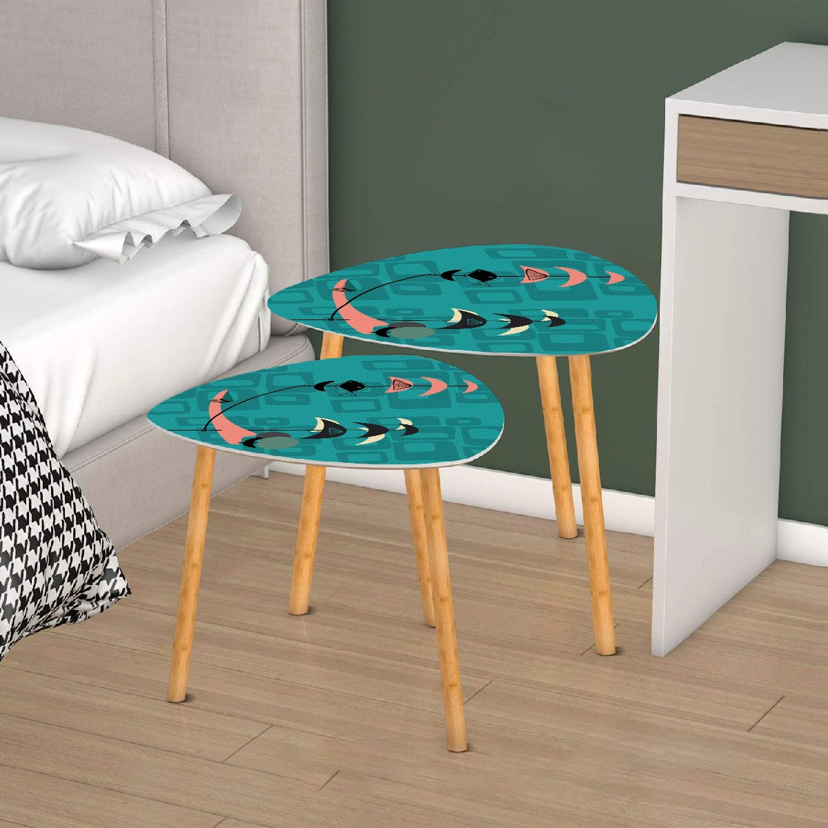 Mid Century Modern Fish Art Nesting Tables, Kitschy Mod Teal Geometric Pattern - Mid Century Modern Gal