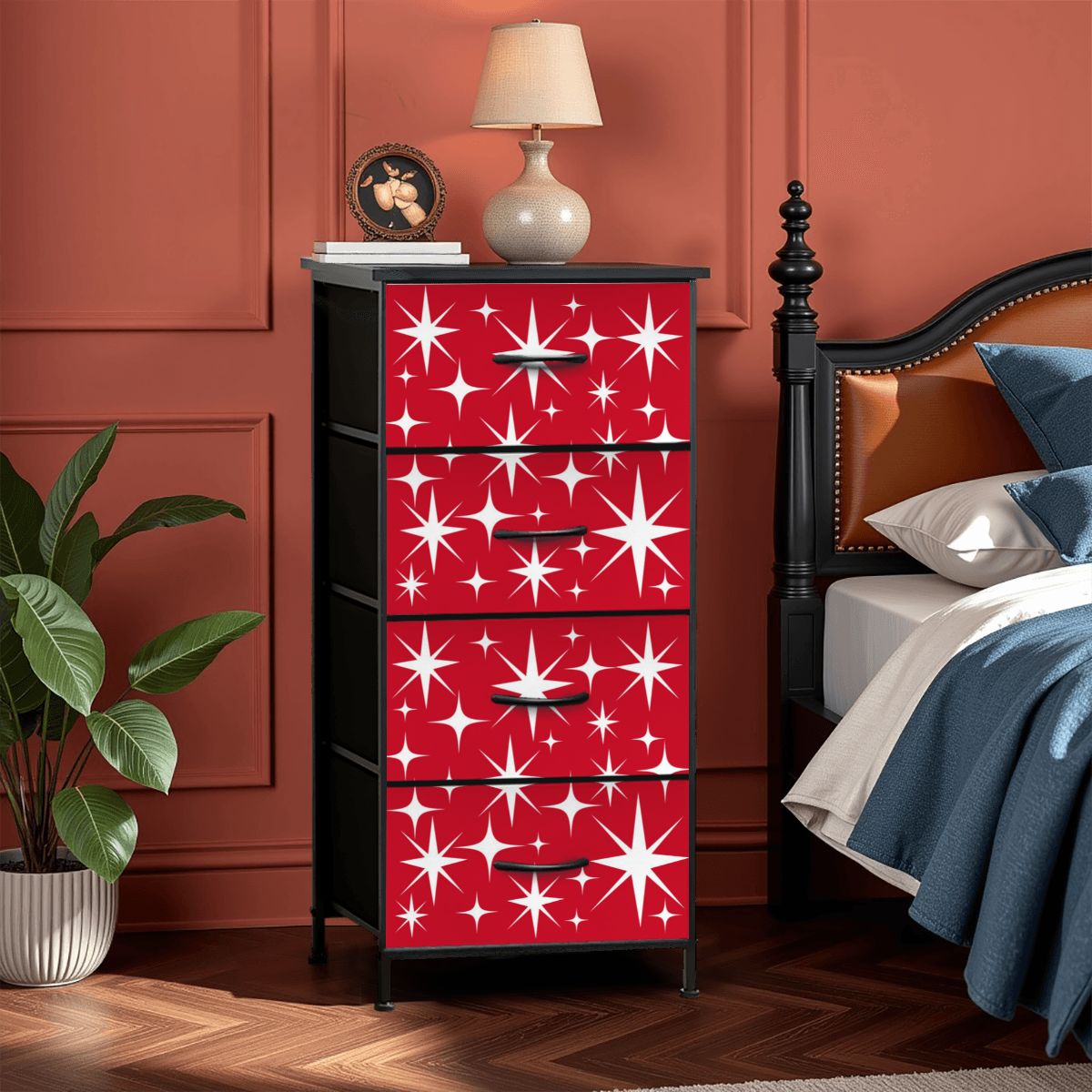 Atomic Starburst Red White Mid Century Modern 4-Drawer Dresser - Mid Century Modern Gal