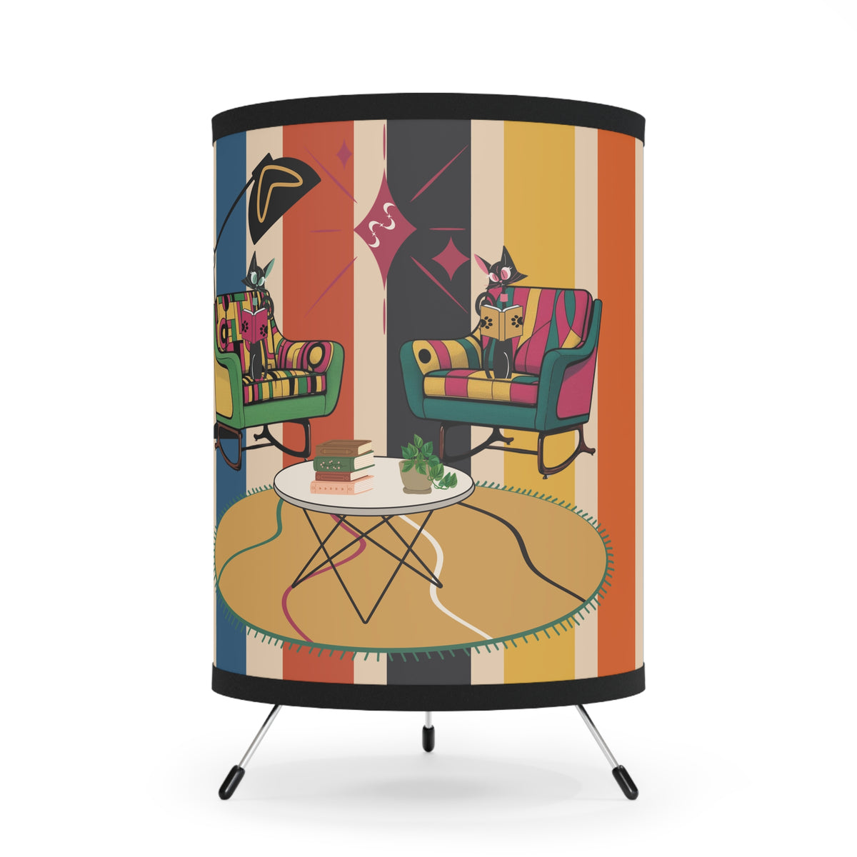 Retro Reading Lamp, Book Lovers, Book Gals, Kitschy Atomic Cats, Colorful Tripod Lamp with Vintage Scene Shade - Perfect for Living Room Decor - Mid Century Modern Gal