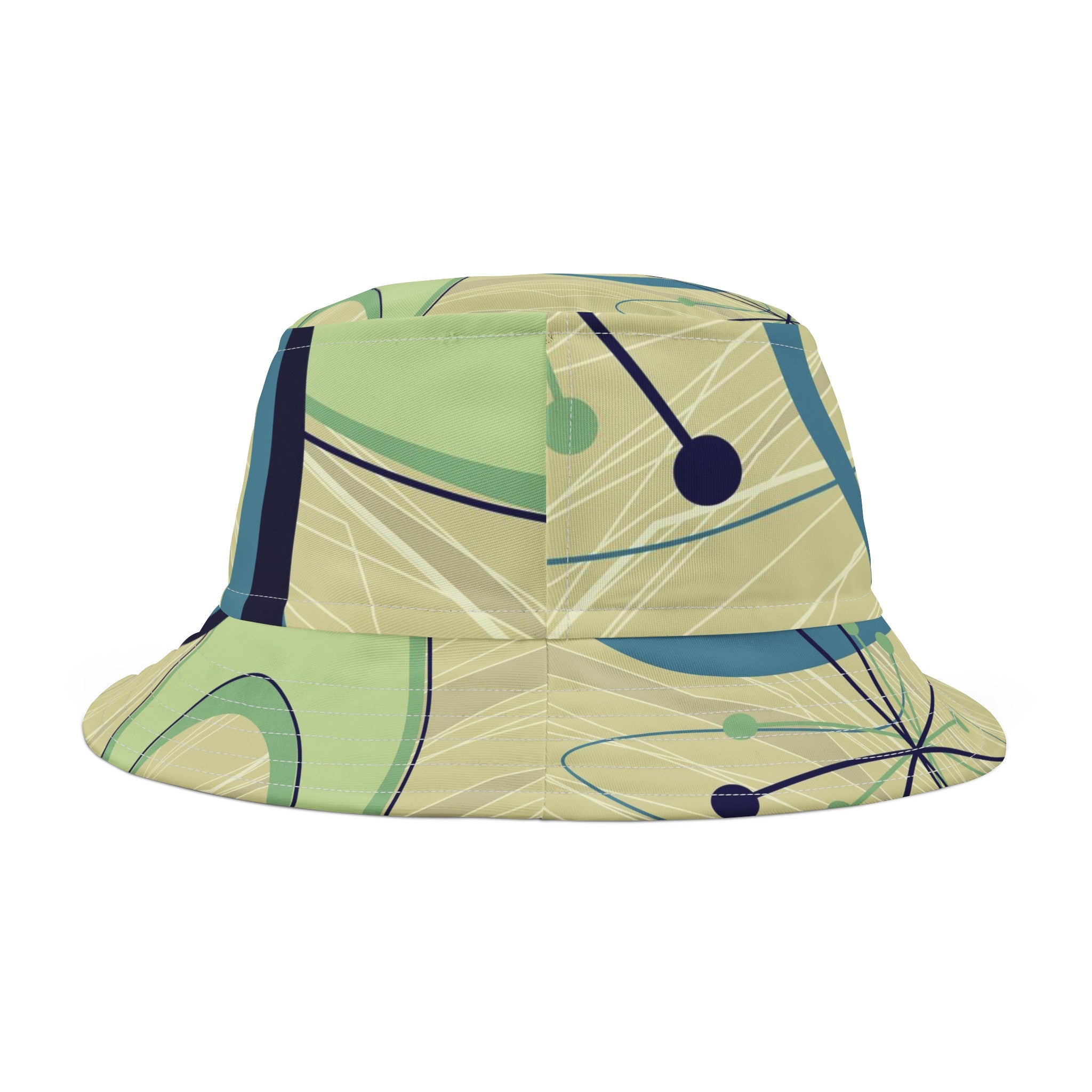 Atomic Space Retro Unisex Bucket Hat, Green, Blue Boomerang Starbursts Mod Hat - Mid Century Modern Gal