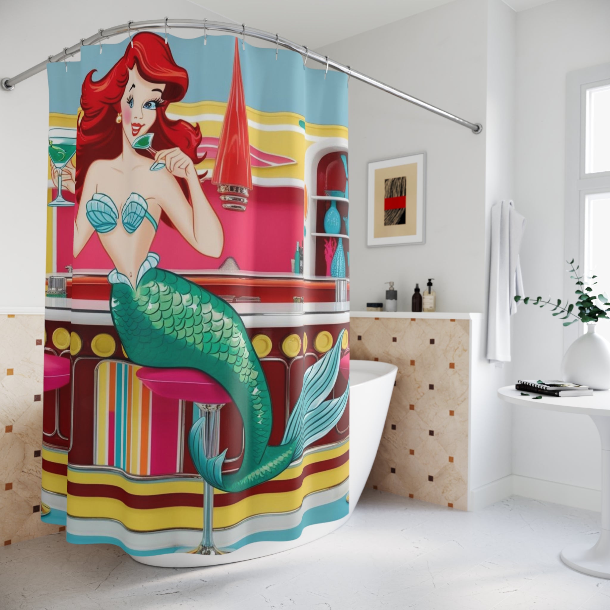 Retro Mermaid Shower Curtain - Fun Mid Mod Nautical Decor for Beach Lovers - Mid Century Modern Gal