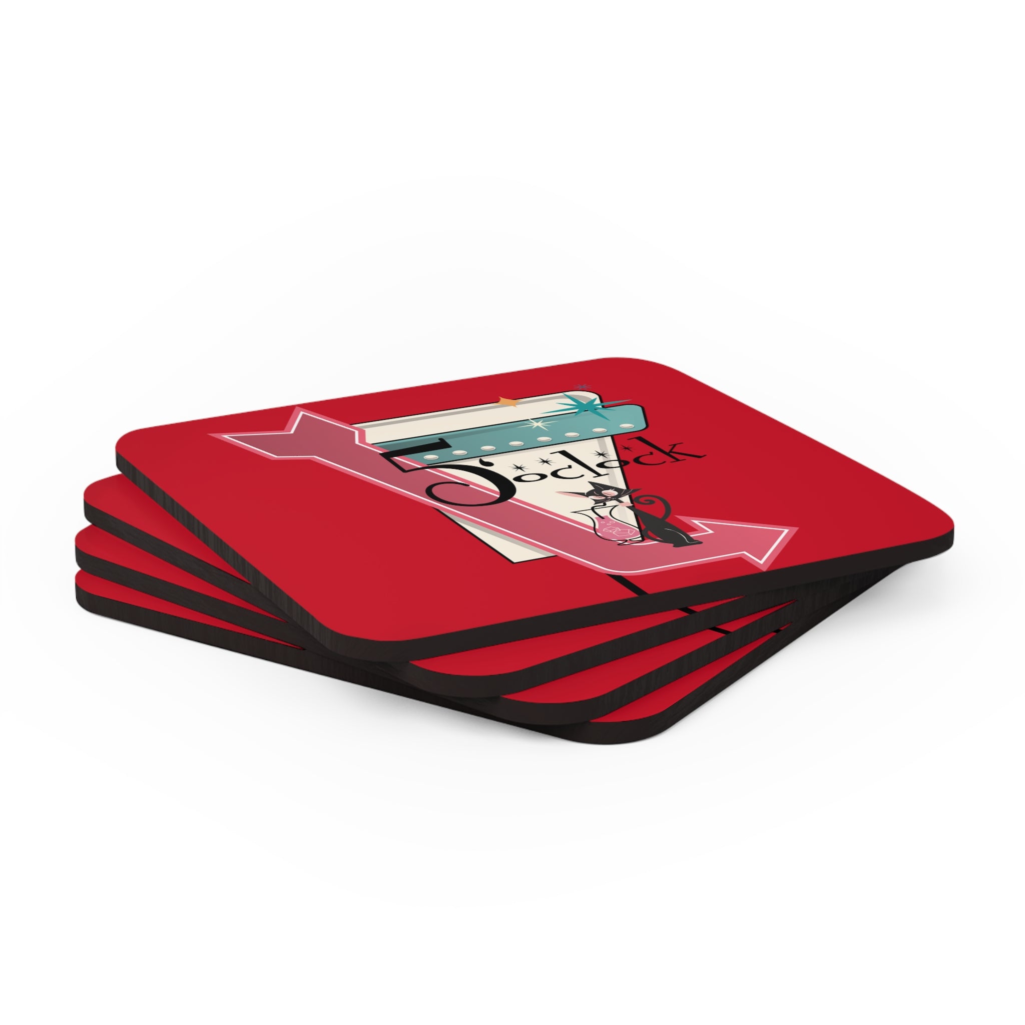 Mid Century Modern Atomic Cat, Kitschy Retro Red, Palm Spring Cali Style Corkwood Coaster Set - Mid Century Modern Gal
