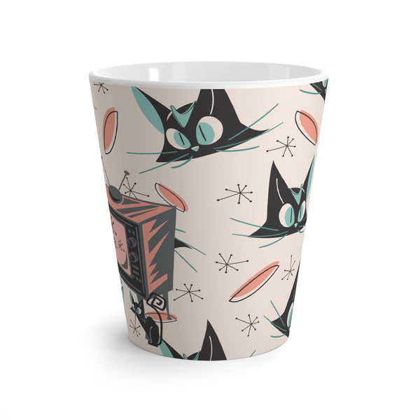Atomic Cat Coffee Latte Mug, Retro 50s TV, Quirky Cats, Cat Mom, Black Cat Coffee Lover Gifts
