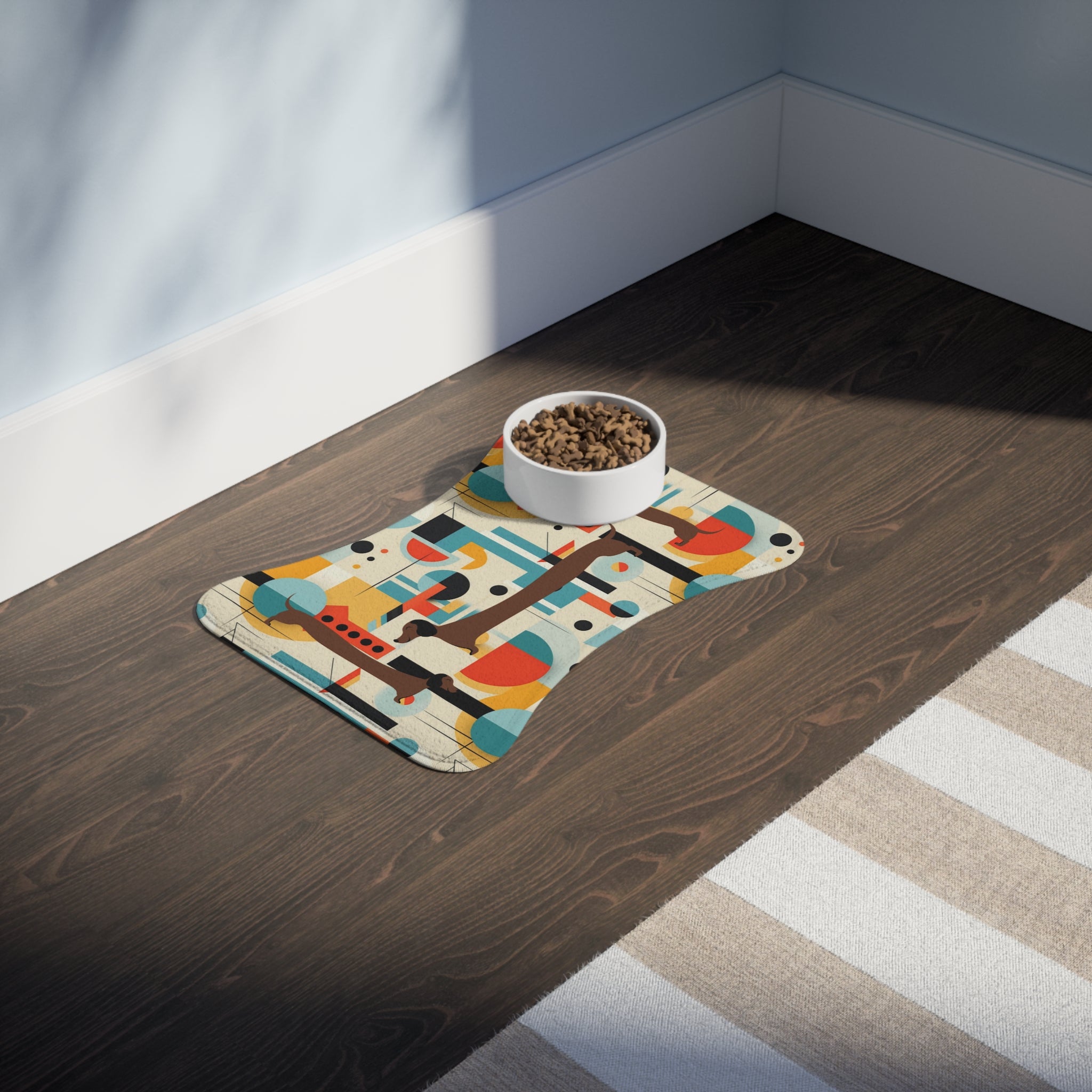 Doxie Dog, Wiener Dog Lover, Mid Mod Bauhaus Designed Pet Feeding Mats - Mid Century Modern Gal
