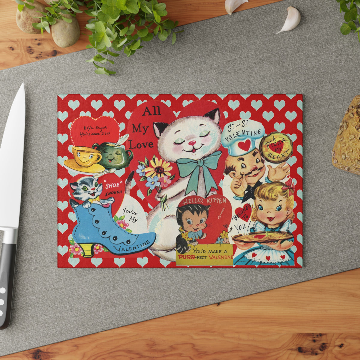 50s Vintage Valentine Cards, Kitschy Love, Red Hearts, Retro Glass Cutting Board - Mid Century Modern Gal