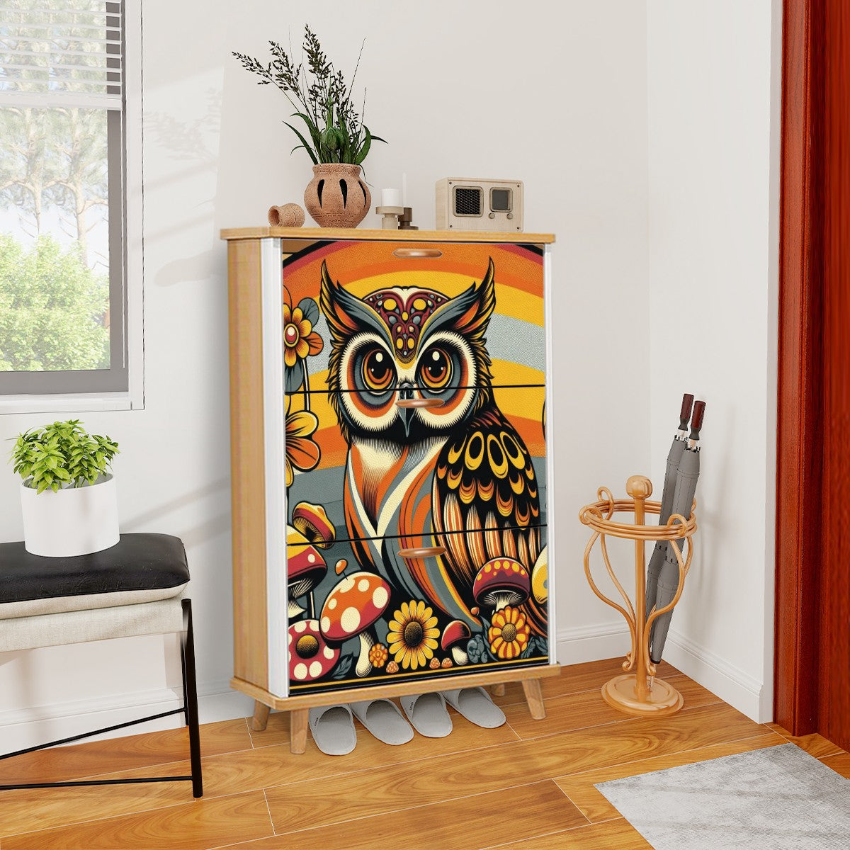 1970s Owl Decor, Mushroom And Floral, Groovy Mid Mod Shoe Storage Cabinet - Mid Century Modern Gal