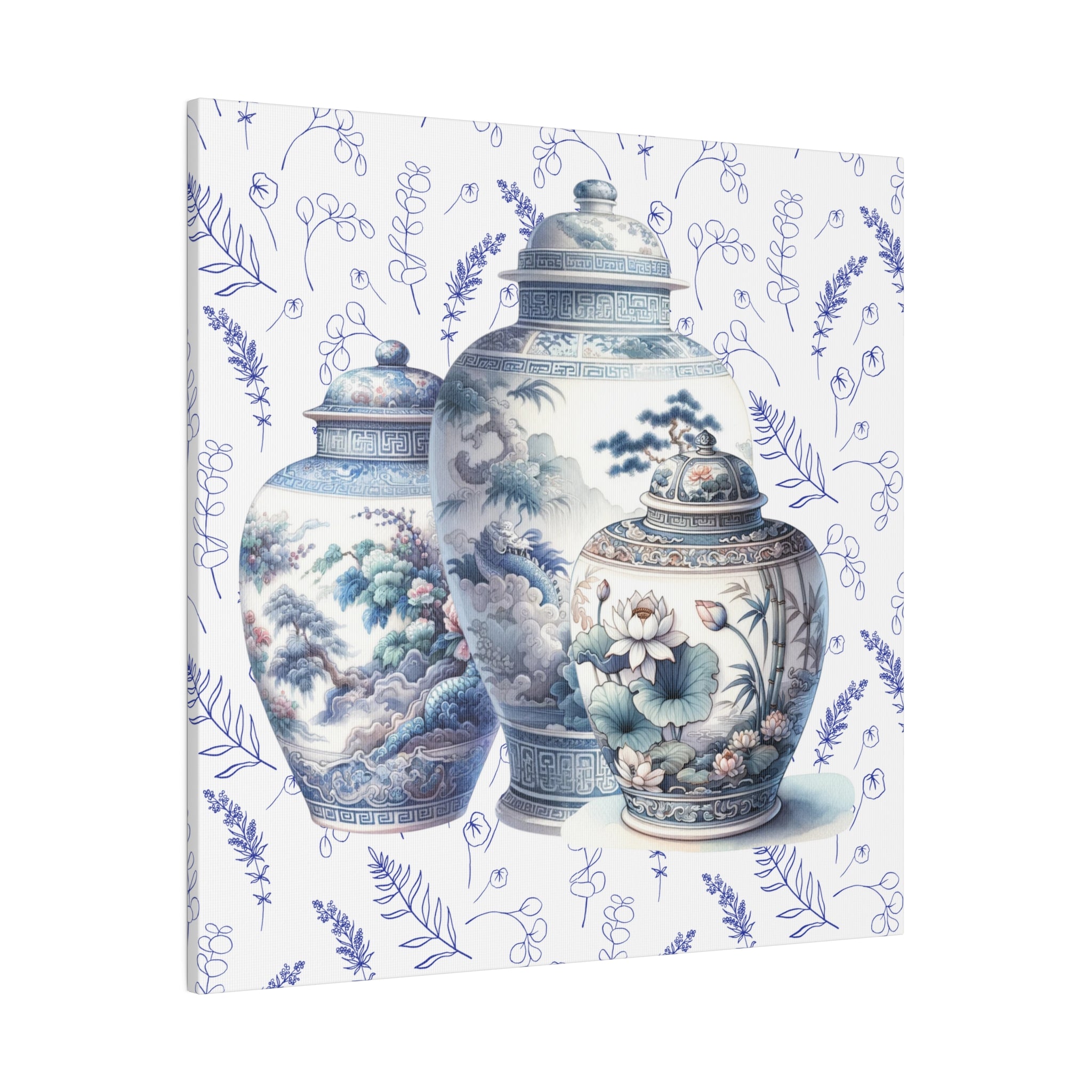 Chinoisere Wall Art, Set Of Three Ginger Jars In Watercolor, Pastels, Southern Home Living, Matte Canvas - Mid Century Modern Gal