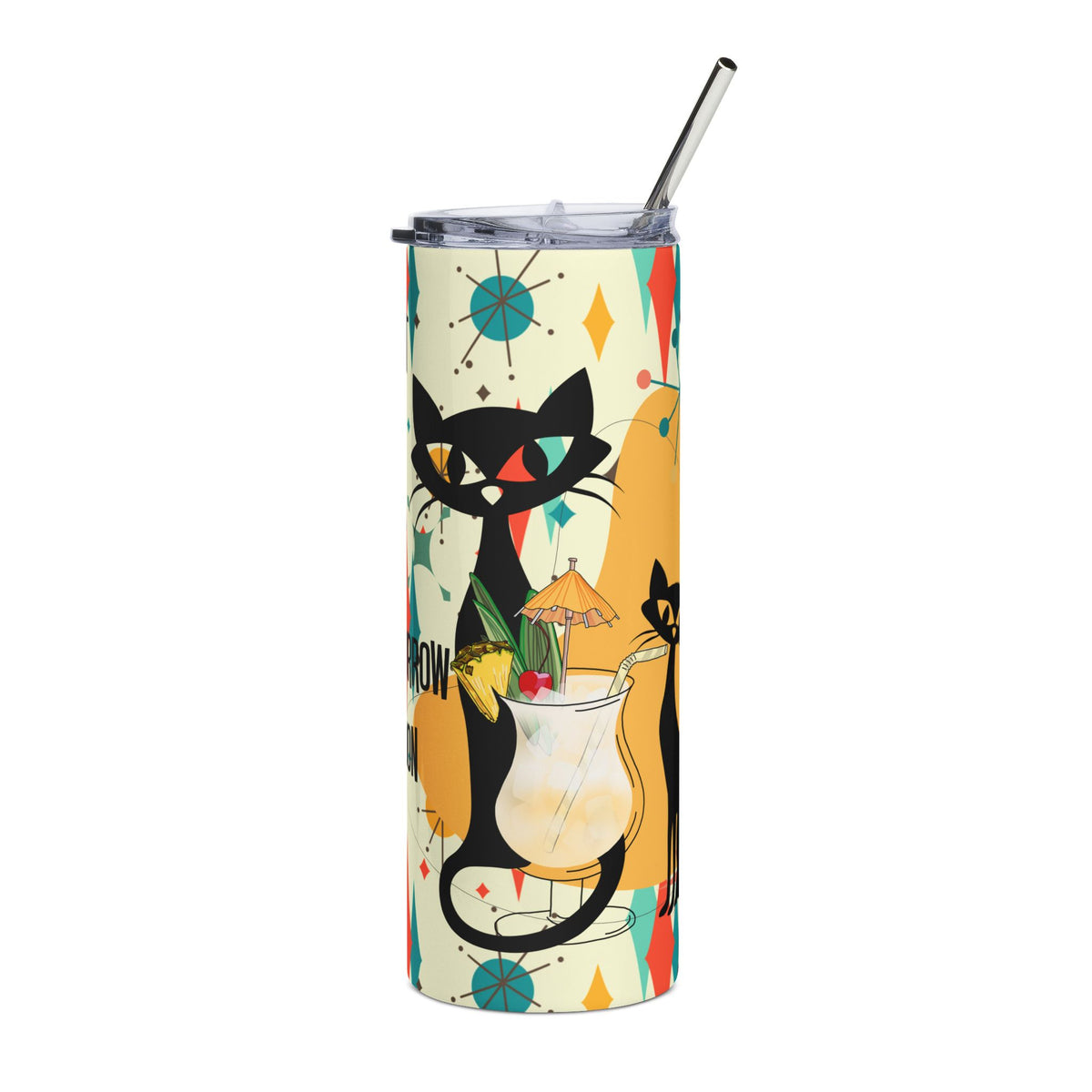Franciscan Starburst Atomic Cat Design, Funny, Kitschy Mid Century Modern Skinny Tumbler with Straw, 20oz - Mid Century Modern Gal