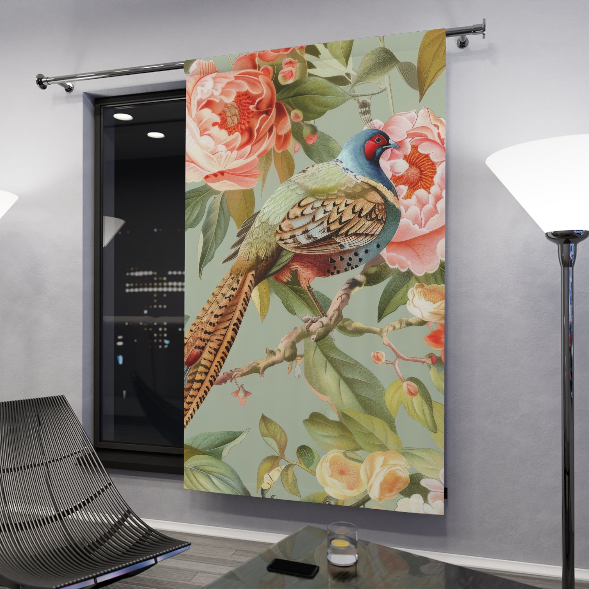 Chinoiserie Window Curtain Elegant Floral Pheasant Bird Window Curtain - 1 Piece, Boho Home Decor - Mid Century Modern Gal