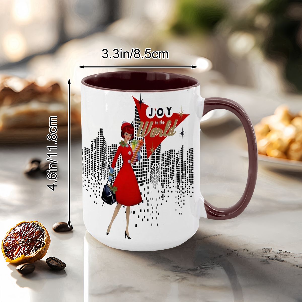 Mid Century Modern holiday mug featuring a cityscape design and a woman in a red dress, celebrating Christmas joy.