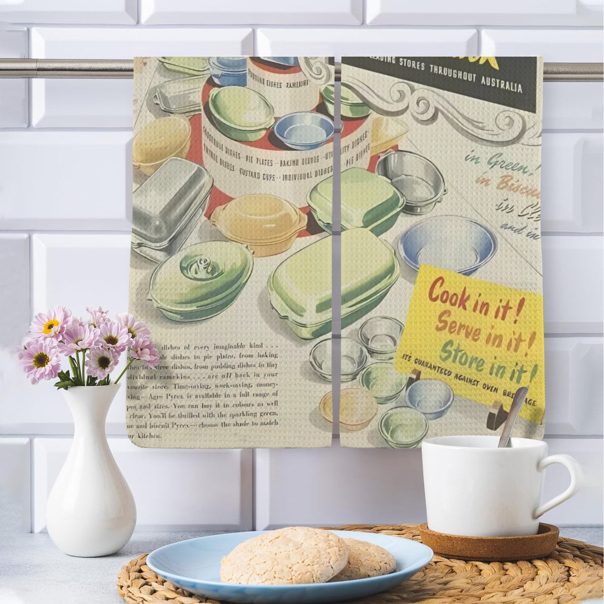Vintage Pyrex Collector Kitschy Retro Pyrex Ad Kitchen Towel Set - Mid Century Modern Gal