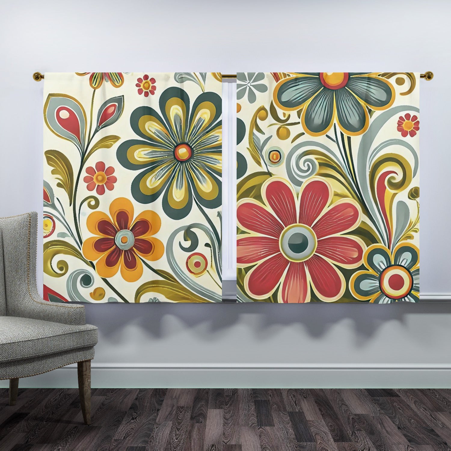 Retro Floral Mid Mod Colorful Funky Fun Window Curtains (two panels) - Mid Century Modern Gal