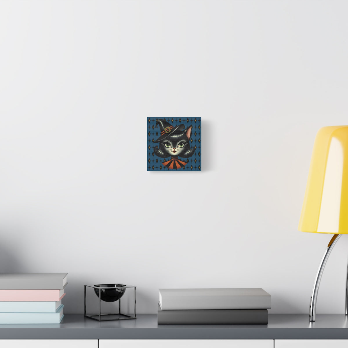 Vintage Halloween Black Cat Sexy Sexton Mid Century Modern Blue Matte Stretched Canvas Wall Art - Mid Century Modern Gal