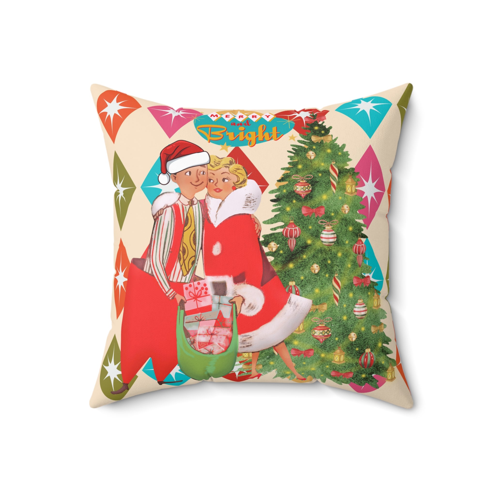 Vintage Christmas Square Pillow – Bright Holiday Decor - Mid Century Modern Gal