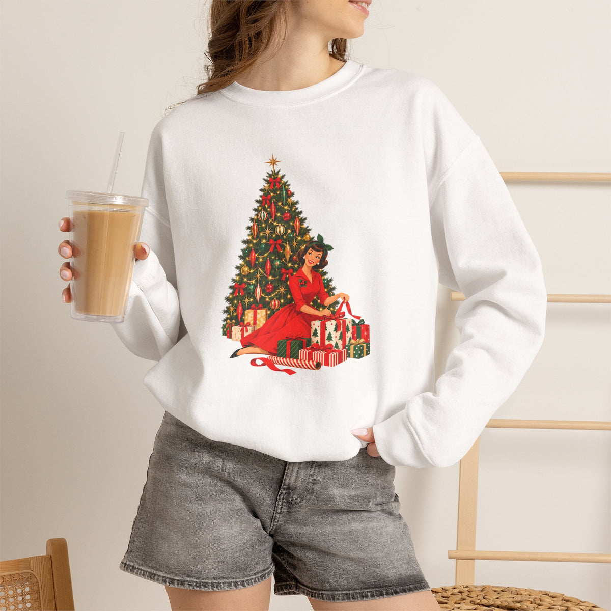 Mid Century Modern Christmas Glamour Gal Wrapping Presents by Tree Unisex Heavy Blend™ Crewneck Sweatshirt - Mid Century Modern Gal