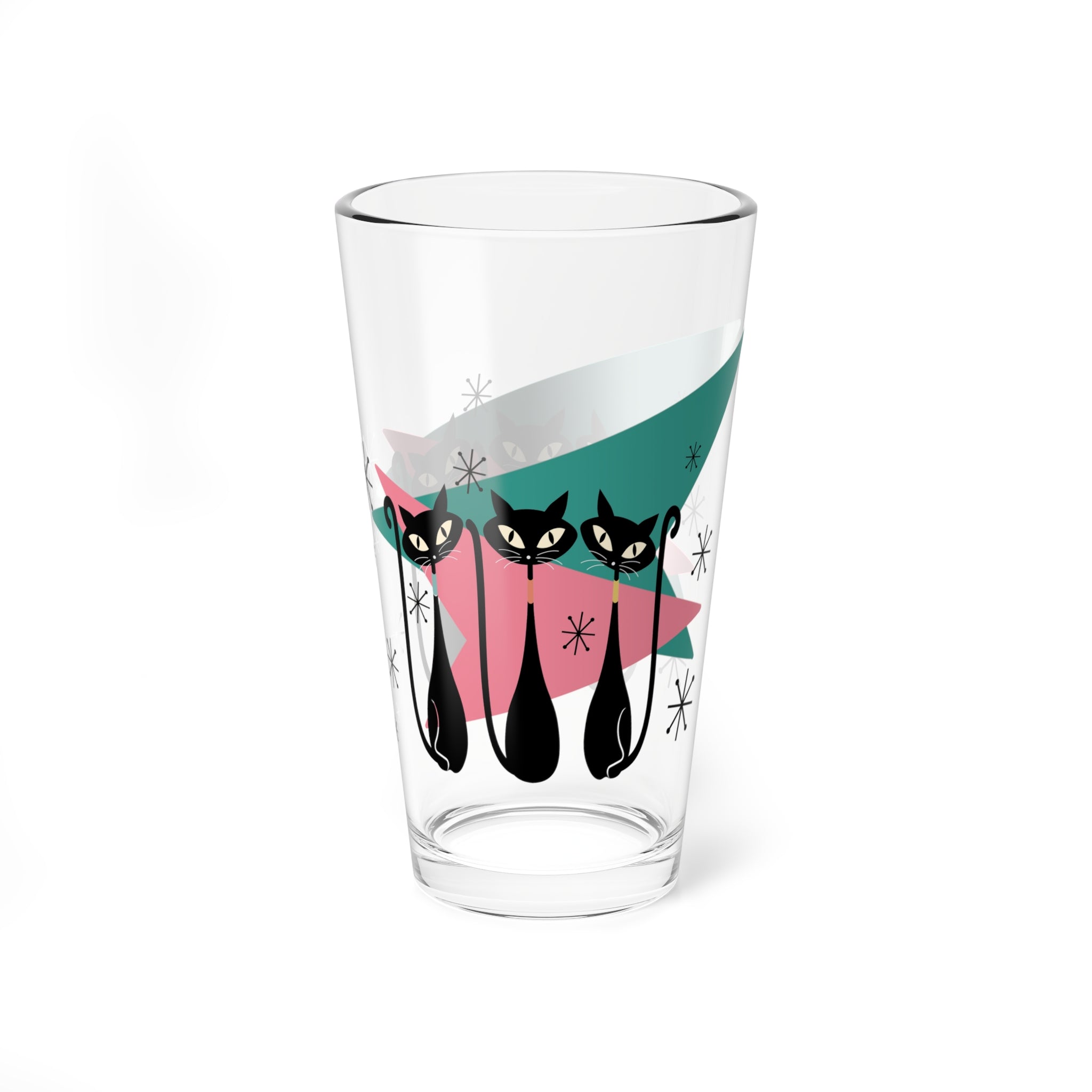 50s Atomic Cats, Kitschy Mid Century Modern Glass, Pink, Teal, Starbursts Shaker, Cocktail, Mocktail MCM Party Drinkware - Mid Century Modern Gal