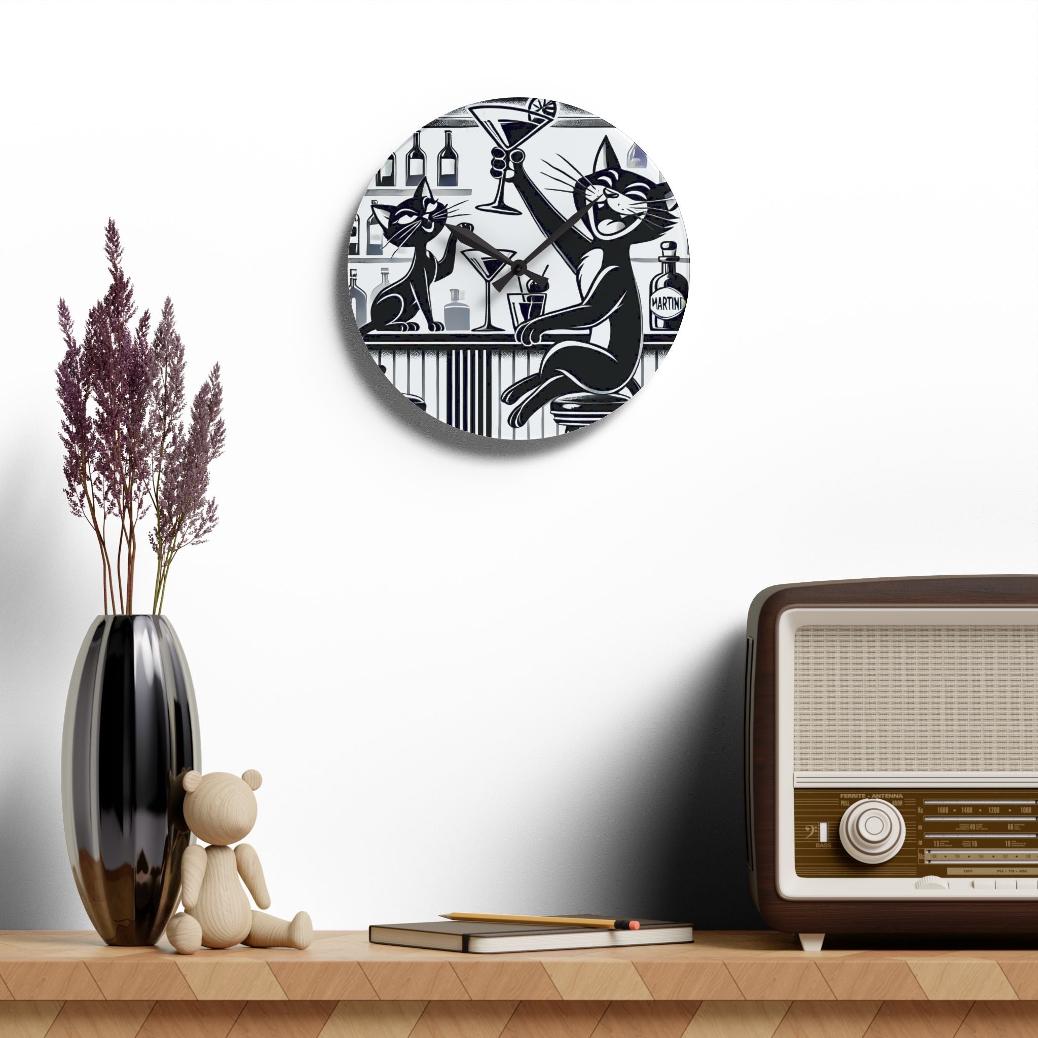 Atomic Cat Mid Century Modern Bar, Kitschy Quirky Mod Acrylic Wall Clock - Mid Century Modern Gal