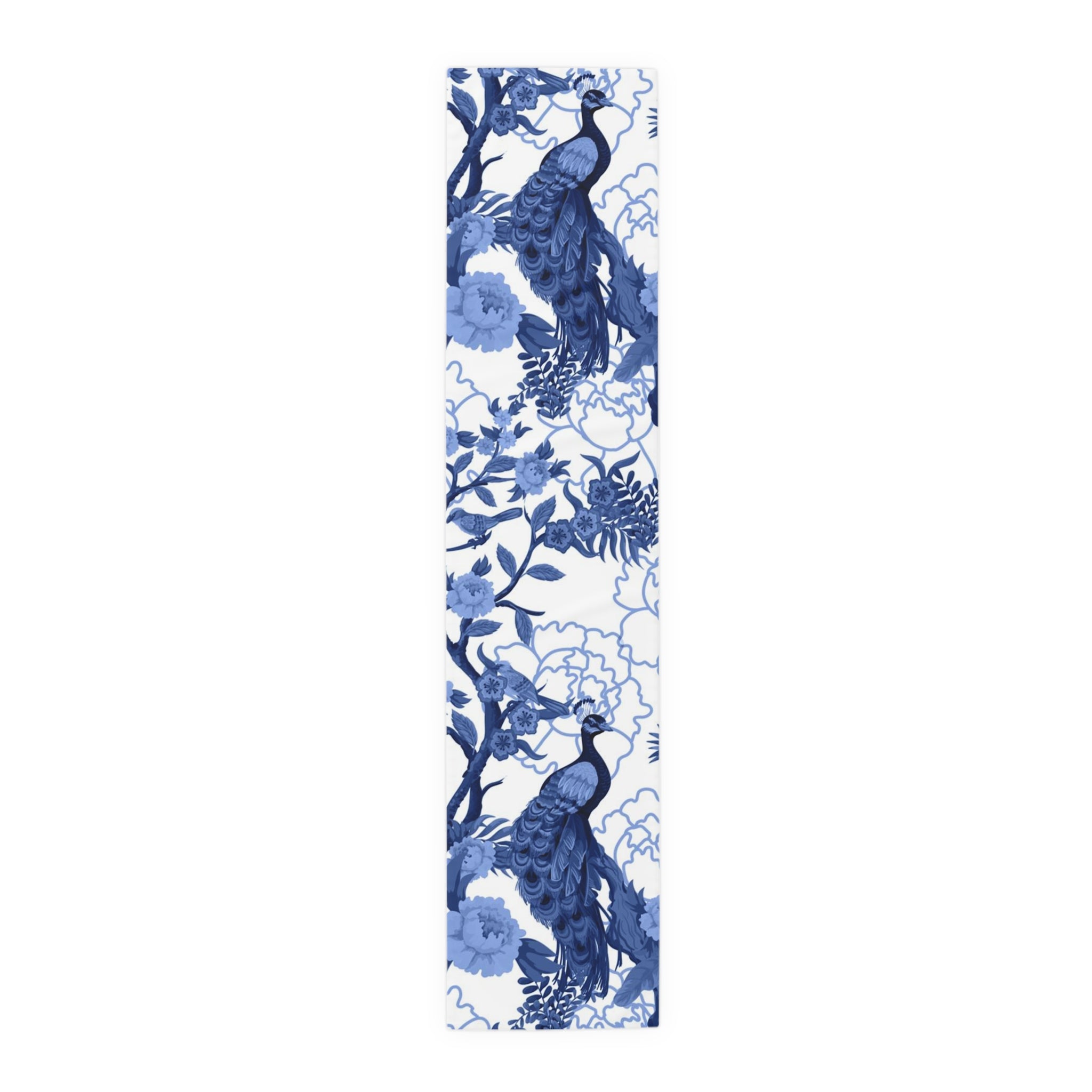 Chinoiserie Exoctic Birds, Tranquil Blue White Table Runner - Mid Century Modern Gal