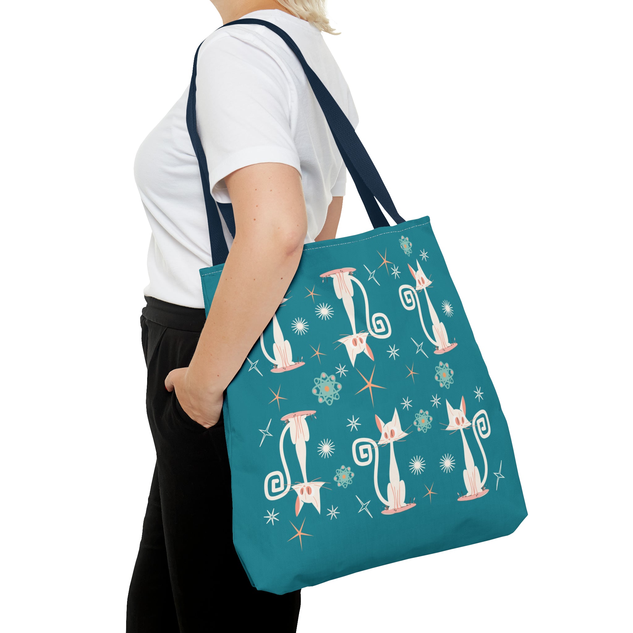 Atomic Kitties, White Kitschy Cats, Coral, Teal, Atomic Age Mid Century Modern Tote Bag - Mid Century Modern Gal