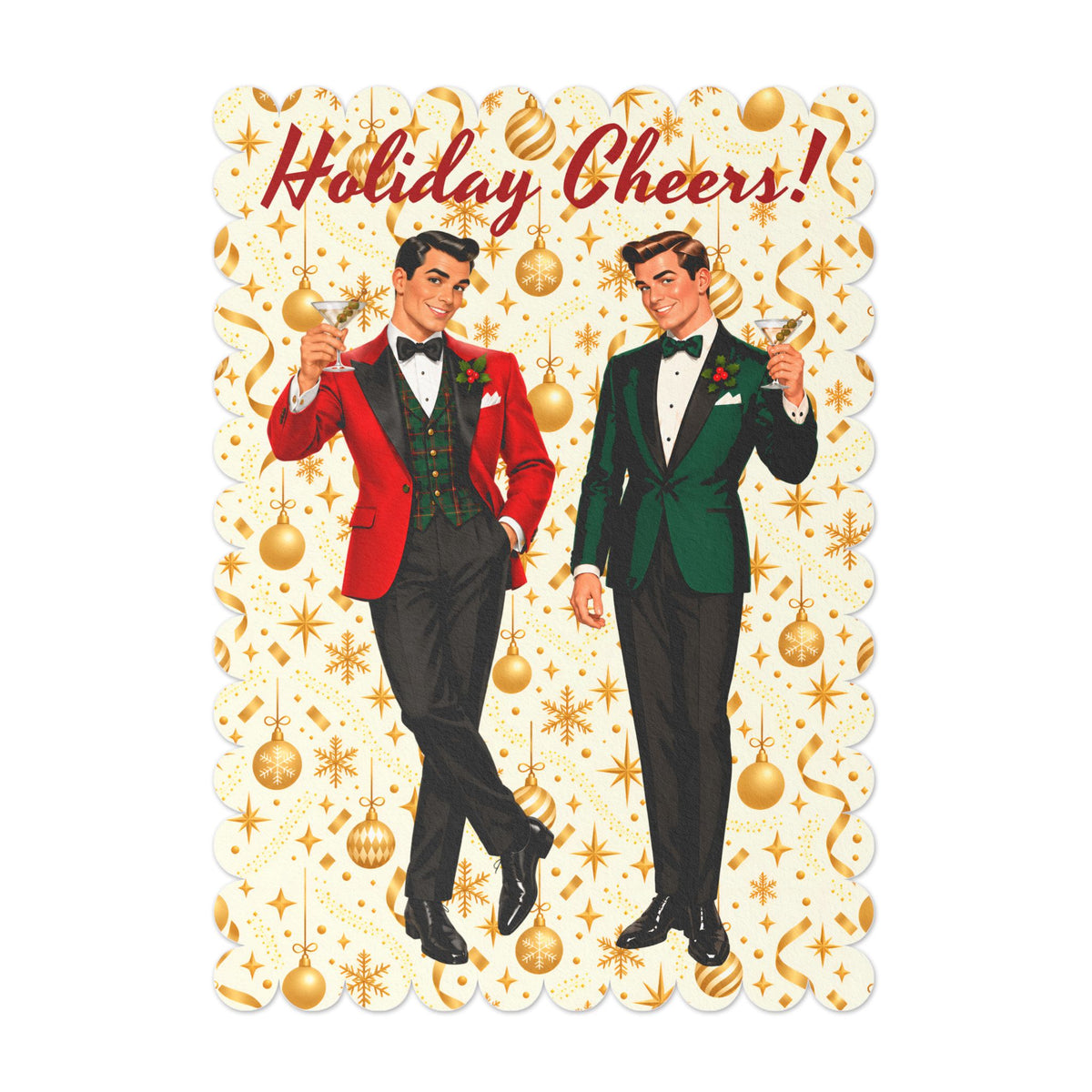 Mid Century Modern Christmas Martini Dapper Gay Male Couple Flat Postcard Style Christmas Greeting Cards