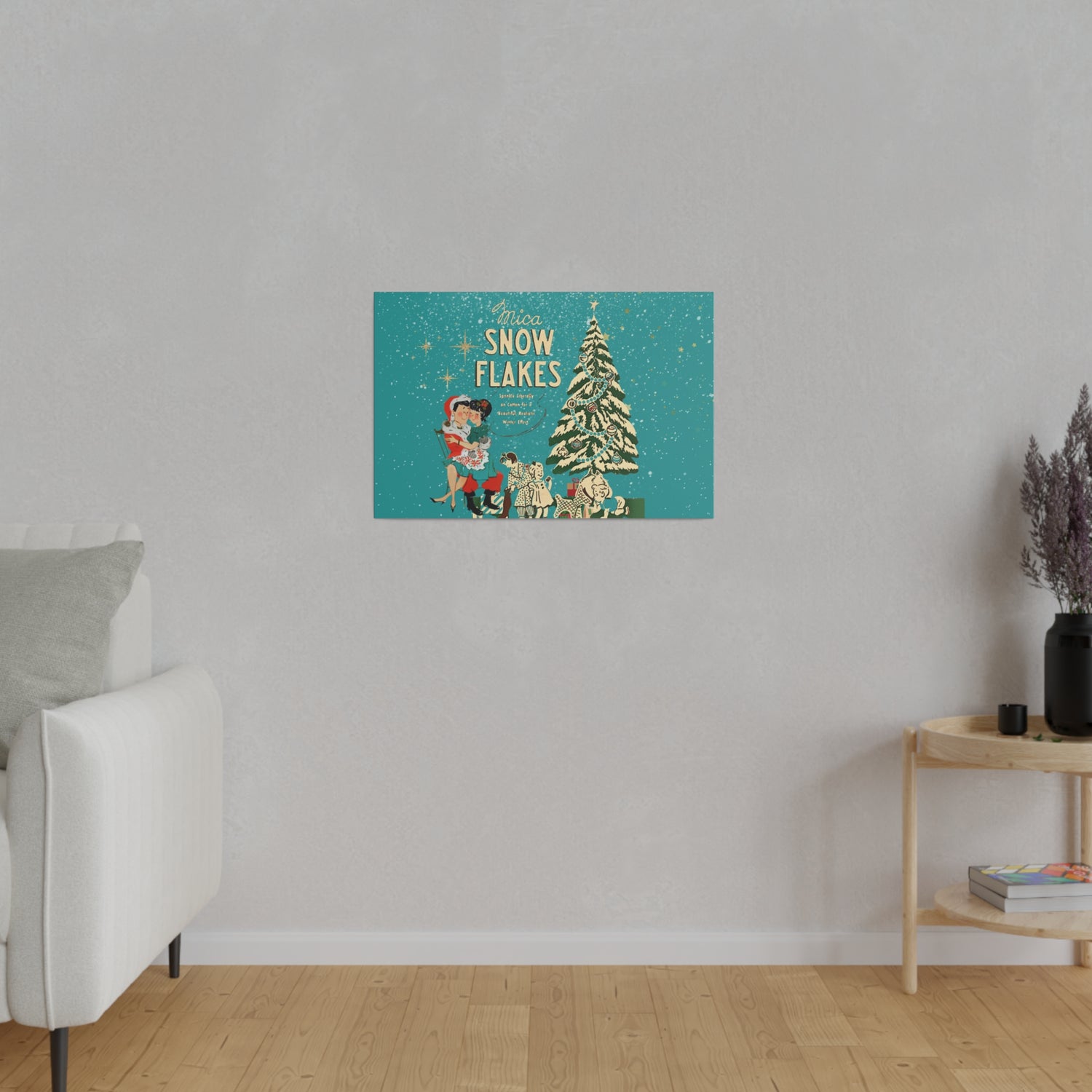Mid Century Modern Kitschy Christmas Mantel Wall Art, Teal Blue, Mica Snow 50s Mod Couple Christmas Scene Canvas Art - Mid Century Modern Gal