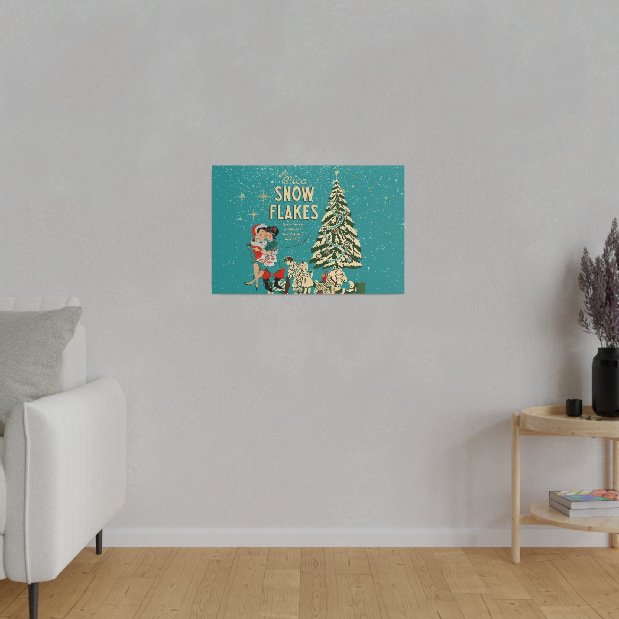 Mid Century Modern Kitschy Christmas Mantel Wall Art, Teal Blue, Mica Snow 50s Mod Couple Christmas Scene Canvas Art - Mid Century Modern Gal