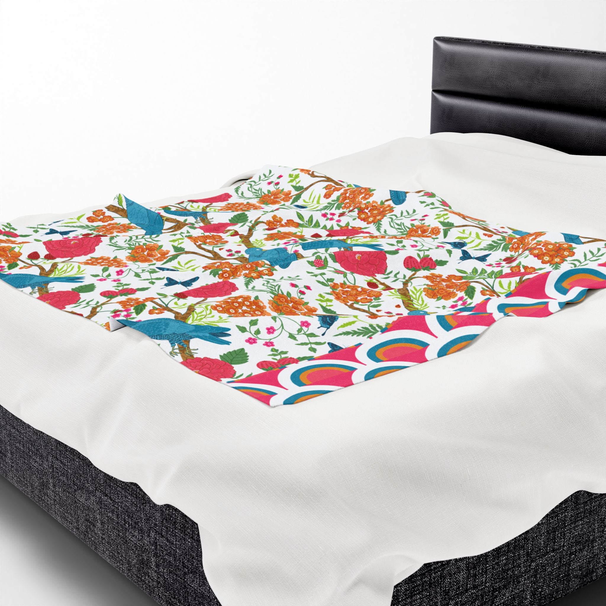 Chinoiserie Throw Blanket, Blue Pink, Birds Tropical Floral Velveteen Plush Blanket - Cozy Decor for Home - Mid Century Modern Gal