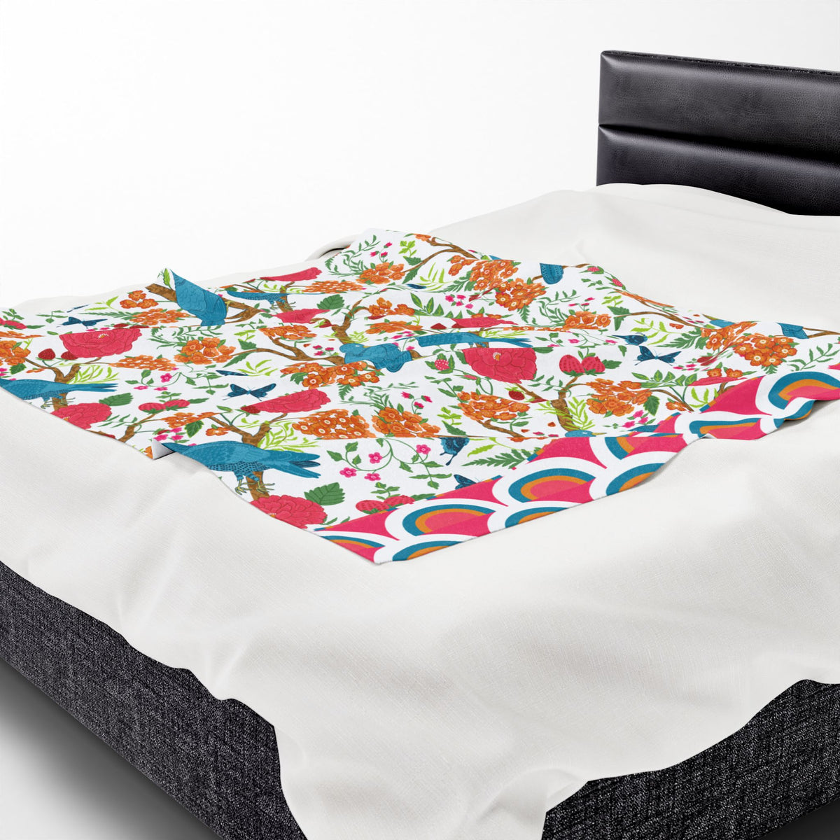 Chinoiserie Throw Blanket, Blue Pink, Birds Tropical Floral Velveteen Plush Blanket - Cozy Decor for Home - Mid Century Modern Gal