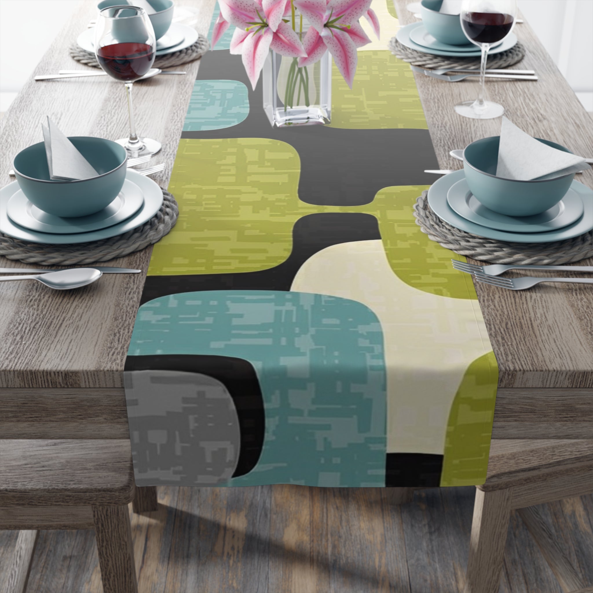 Mid Century Modern Table Runner, Geo Pattern, Black, Gray, Green Aqua Mod Table Setting - Mid Century Modern Gal