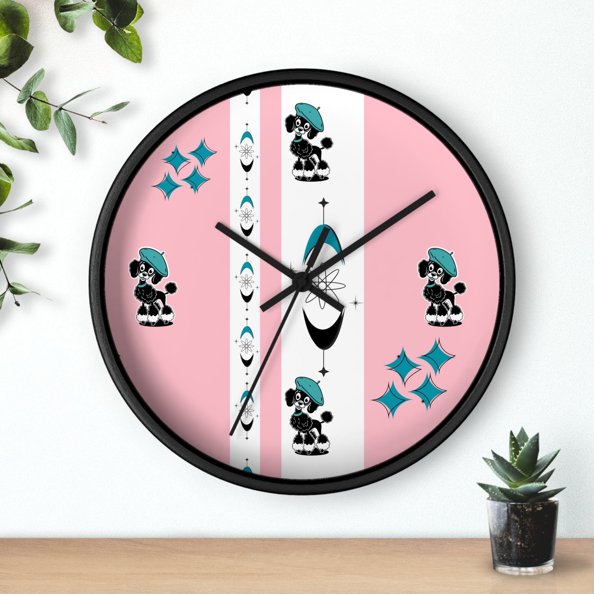 Mid Century Modern Atomic Pink Starburst Wall Clock with Cute Retro Mod Poodle Design - Mid Century Modern Gal
