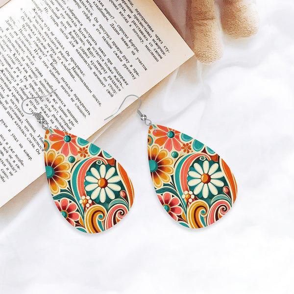 70s Retro Flower Power Groovy Mod Vegan Leather Teardrop Earrings