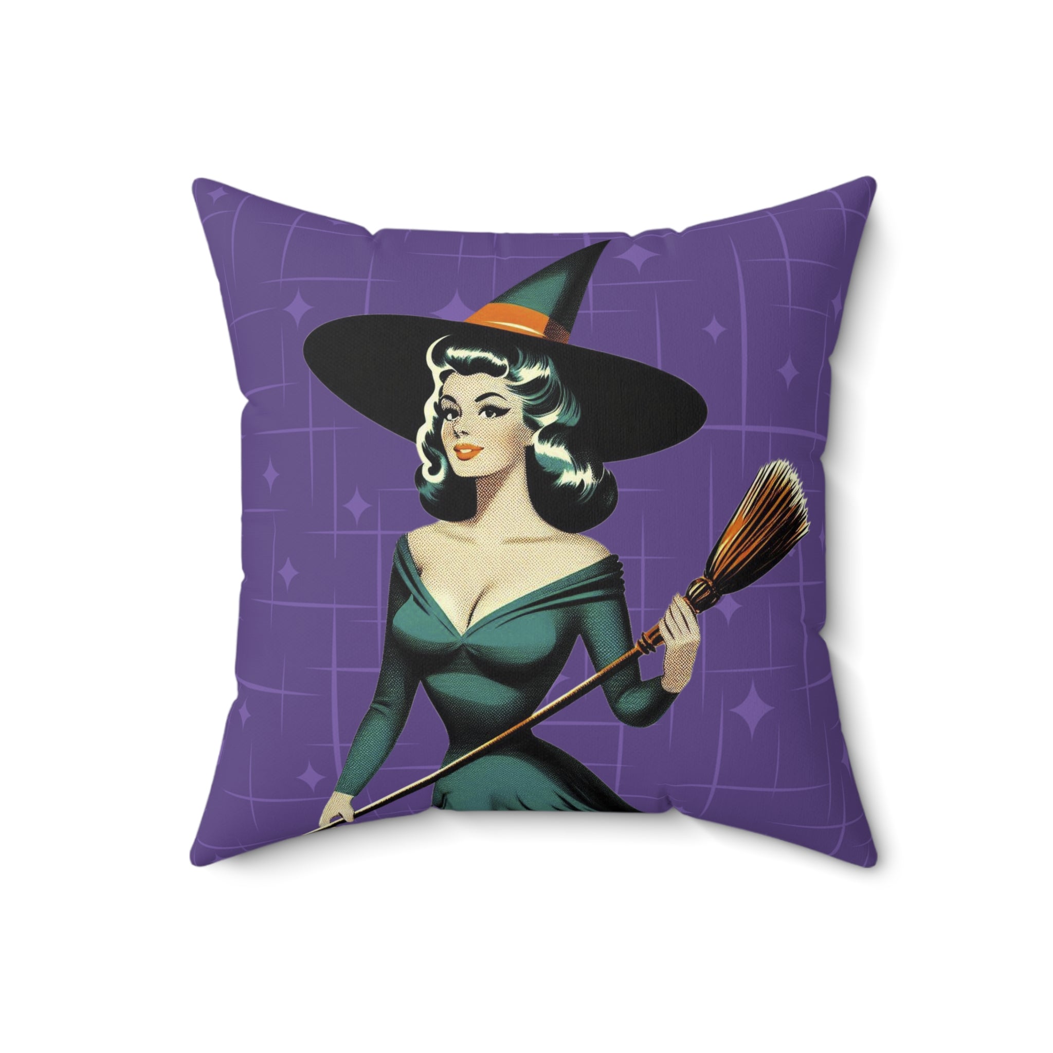 Mid Century Modern Vintage Pin Up Witch Halloween Purple Teal Halloween Pillow Cover and Insert - Mid Century Modern Gal
