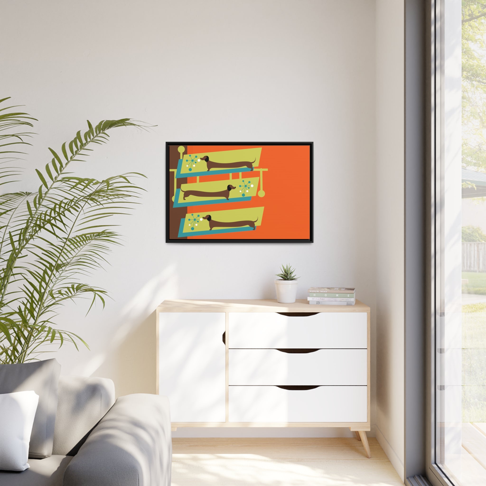 Mid Mod Doxie Dog MCM Wall Art, Orange, Green Teal, Mid Century Modern Wall Art - Mid Century Modern Gal