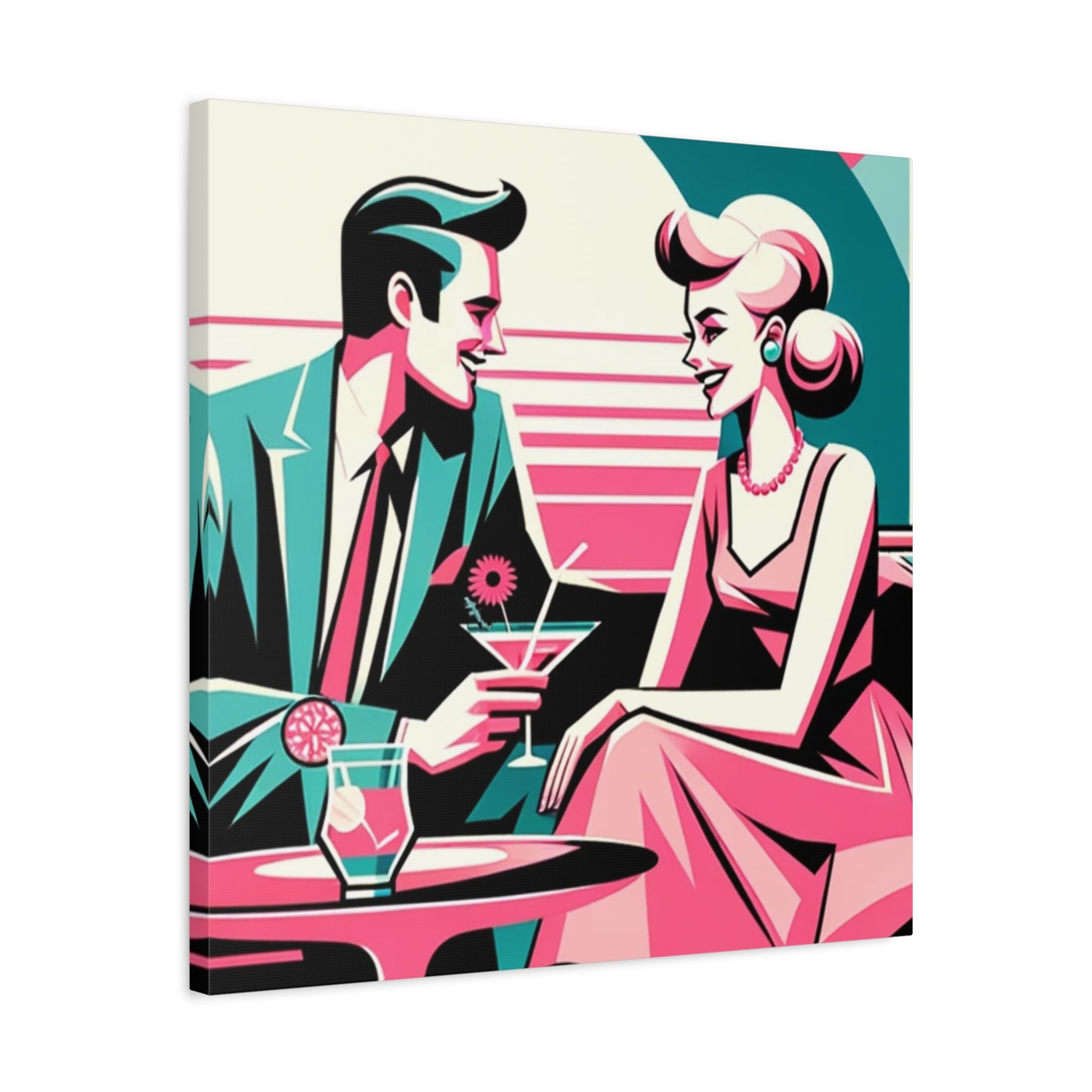 Mid Mod Retro Romance Pink, Aqua Teal Kitschy Mod Wall Art - Vintage Couple Design - Mid Century Modern Gal