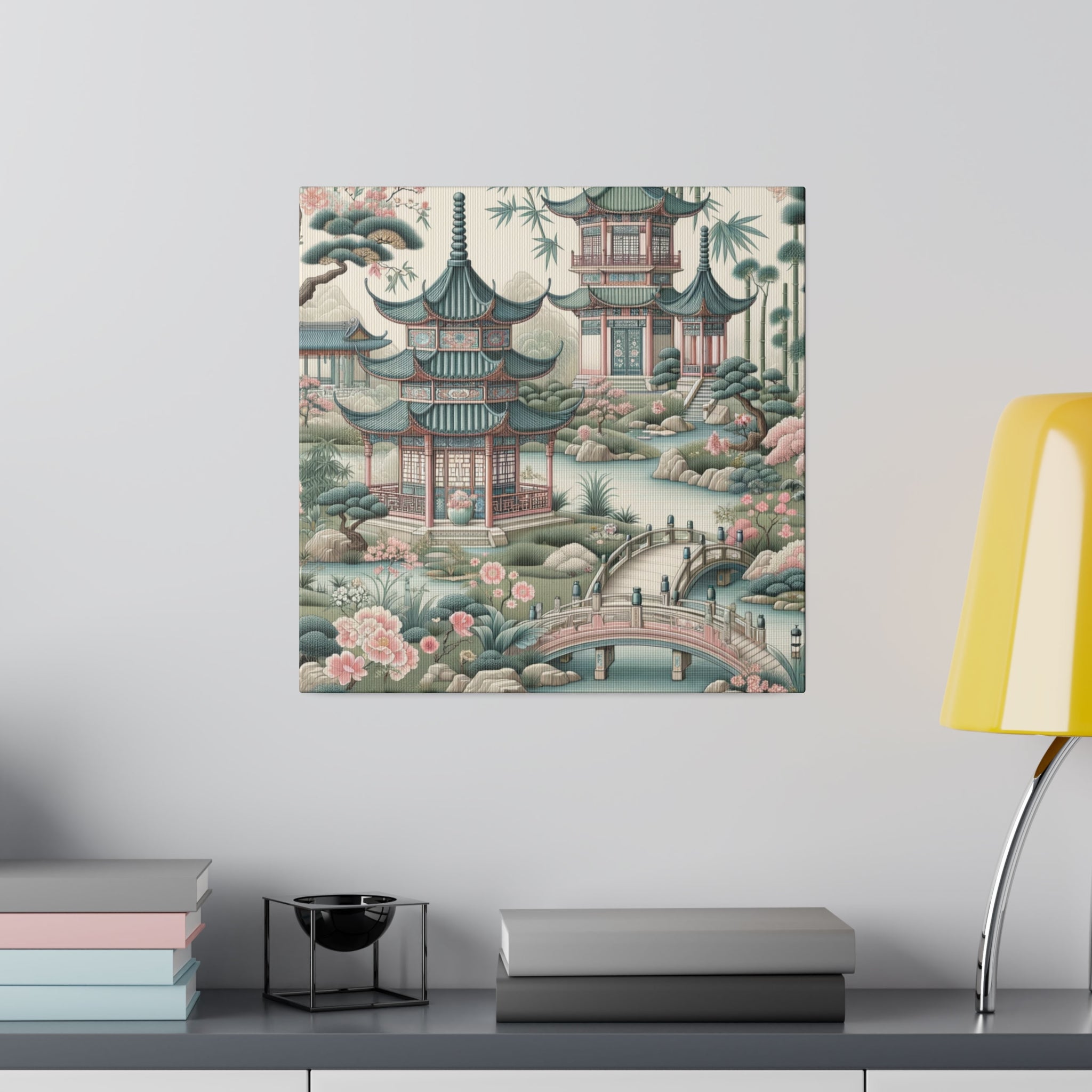 Chinoiserie Wall Art, Pagodas, Rivers, Pastel Southern Elegance Wall Art Matte Canvas - Mid Century Modern Gal