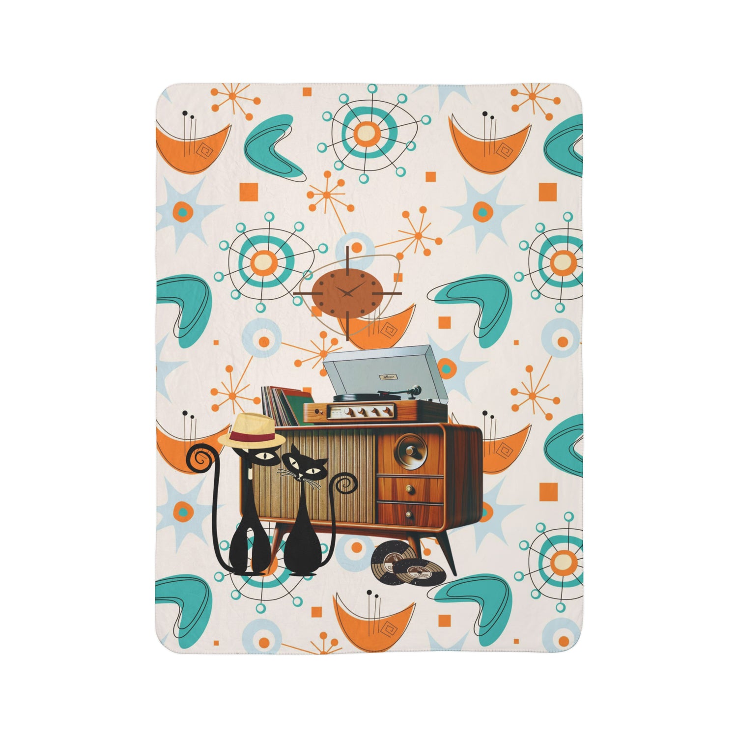 Atomic Cat, Retro Vinyl Console, Couples Gifts, Mid Century Modern Atomic Design Fleece Sherpa Blanket - Mid Century Modern Gal