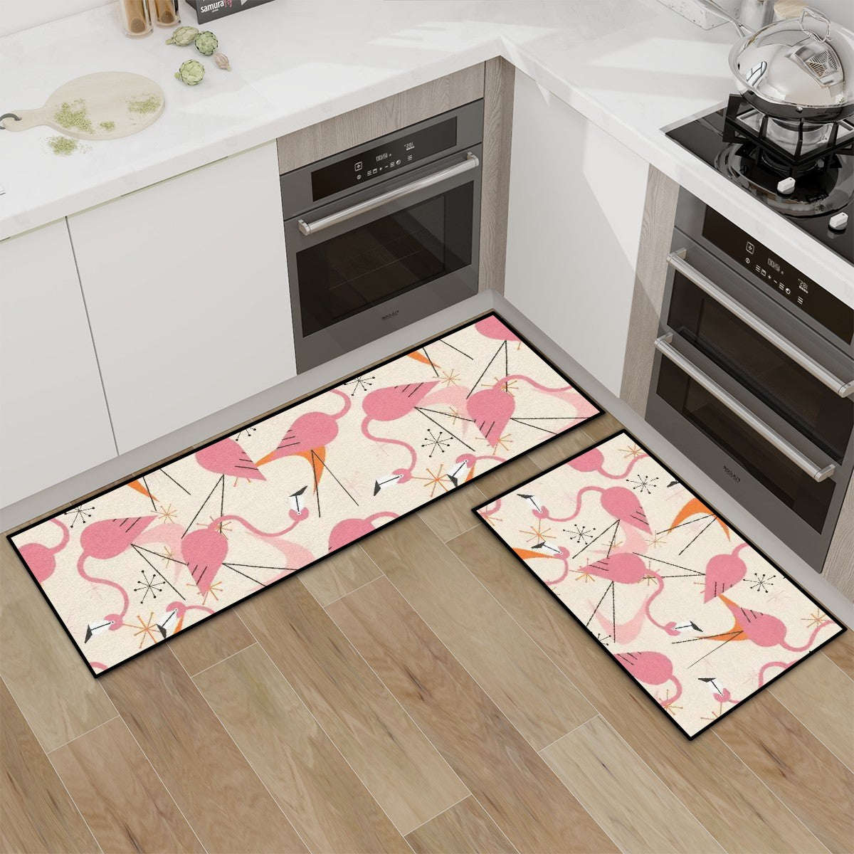 50s Flamingo Kitschy Quirky Mid Mod Palm Springs California Style Kitchen Area Rug Set for Floor Non-Slip Washable - Mid Century Modern Gal