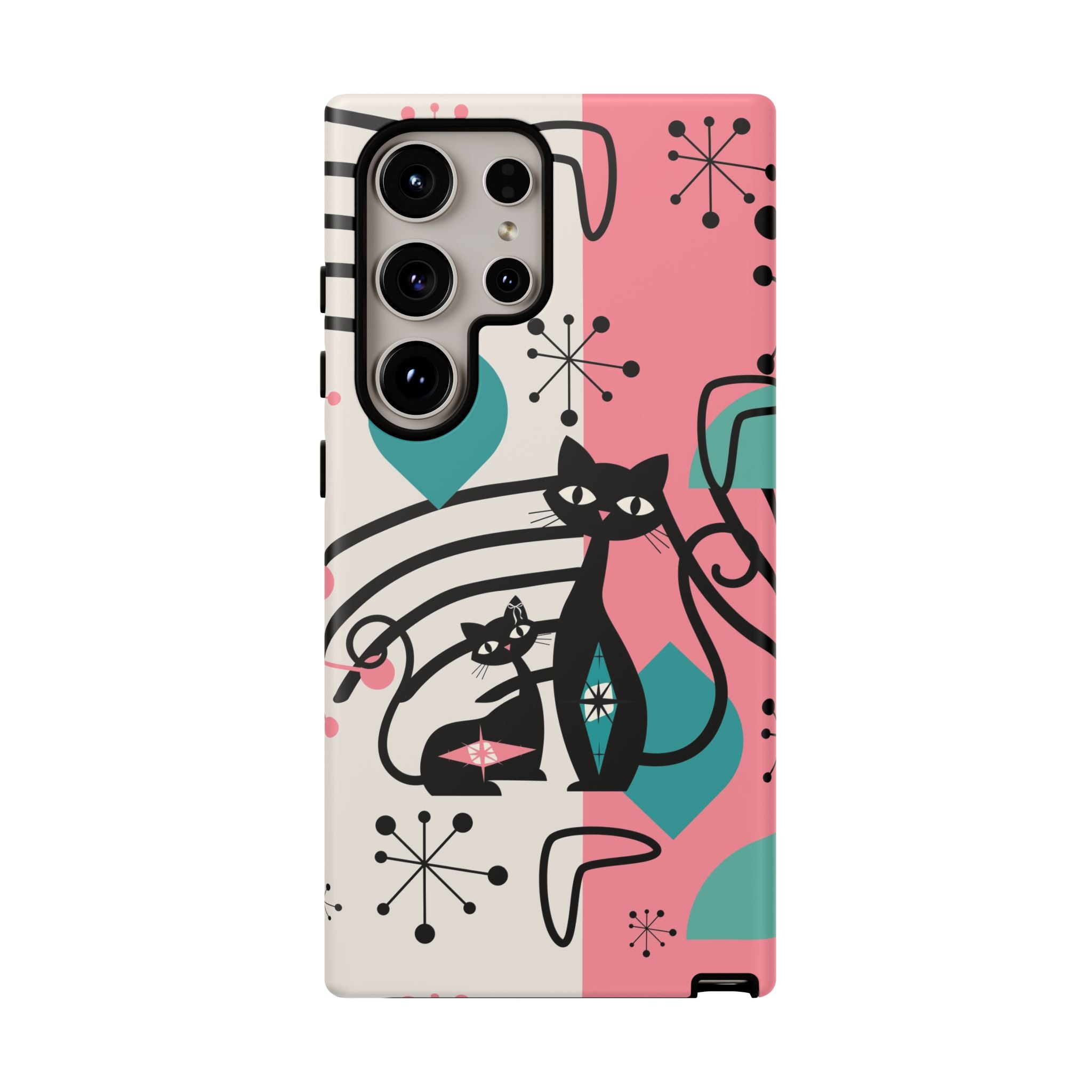 Mid Mod Atomic Cat Boomerang Starburst, Pink, Black Kitschy Stylish Cat Phone Case: Modern Design for Cat Lovers - Mid Century Modern Gal