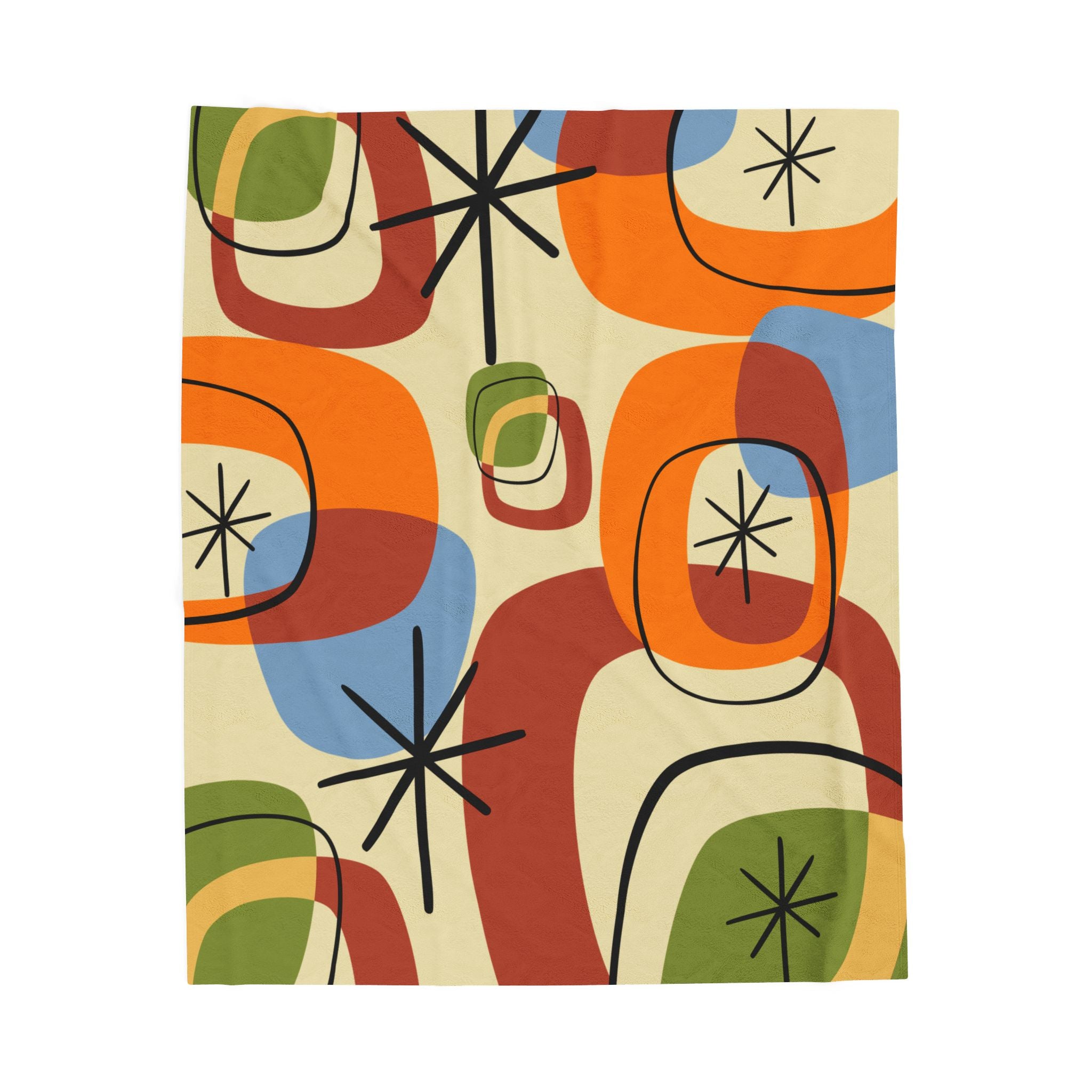 Retro Geo Pattern THIN Cozy, Warm Mid Century Modern Groovy Green, Orange, Blue, Black, Light Beige Background Velveteen Plush Blanket - Mid Century Modern Gal