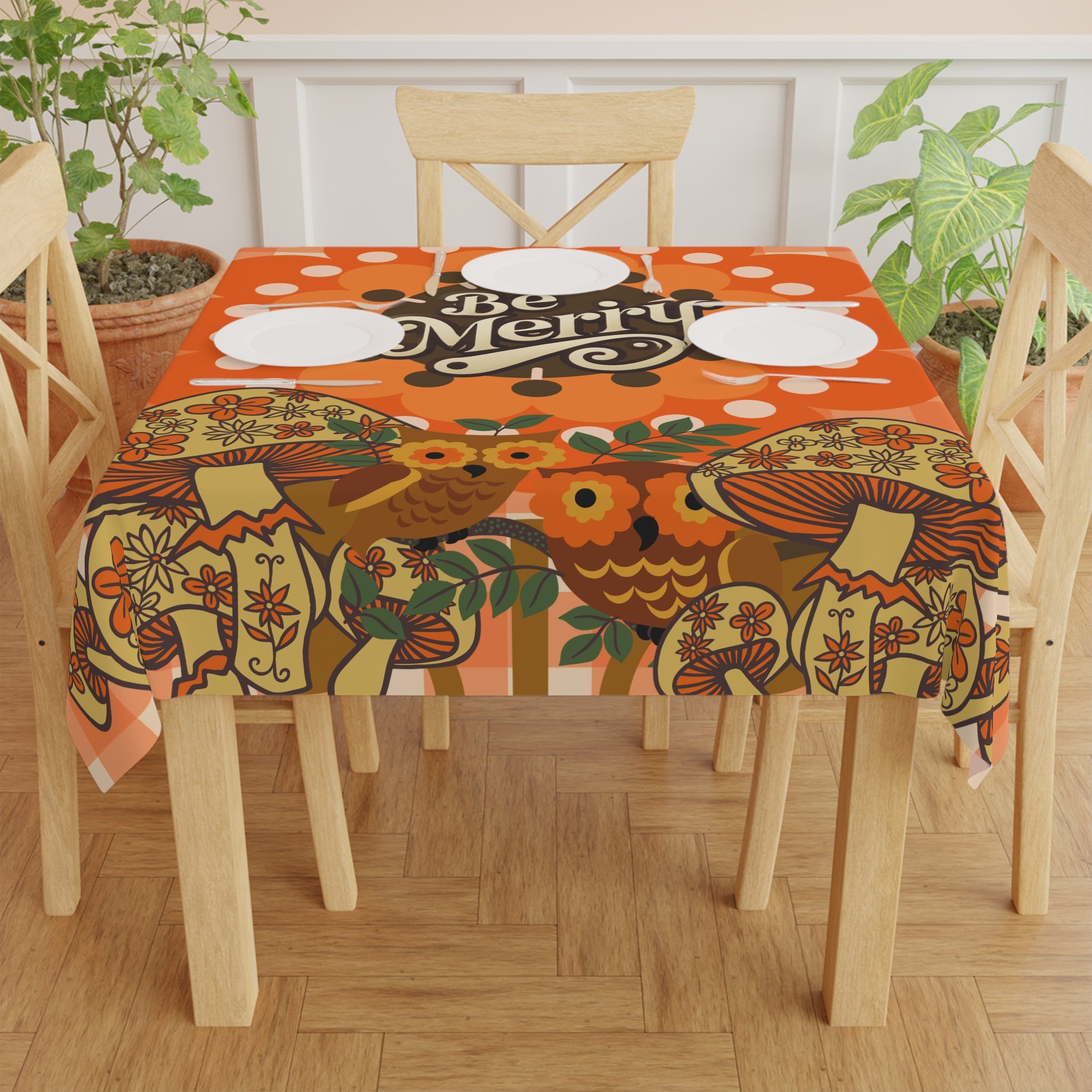 Be Merry Vintage Merry Mushroom-Inspired Tablecloth, Festive Retro 70s Dining Decor - Mid Century Modern Gal