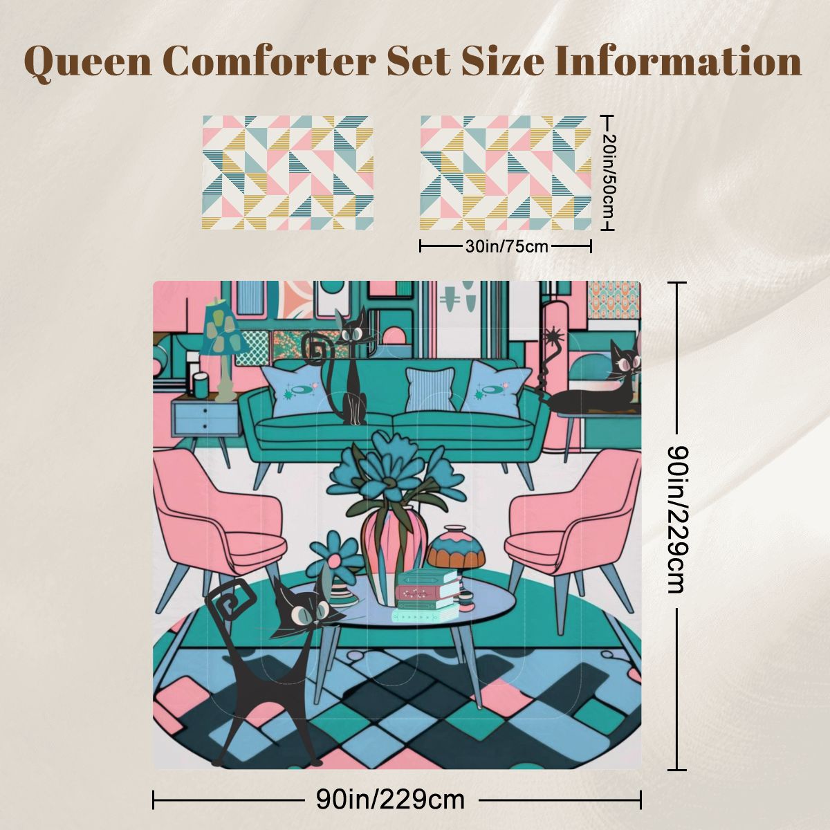 Mid Century Modern Atomic Kitschy Cats, Retro Fun And Quirky Queen Comforter Set - Mid Century Modern Gal