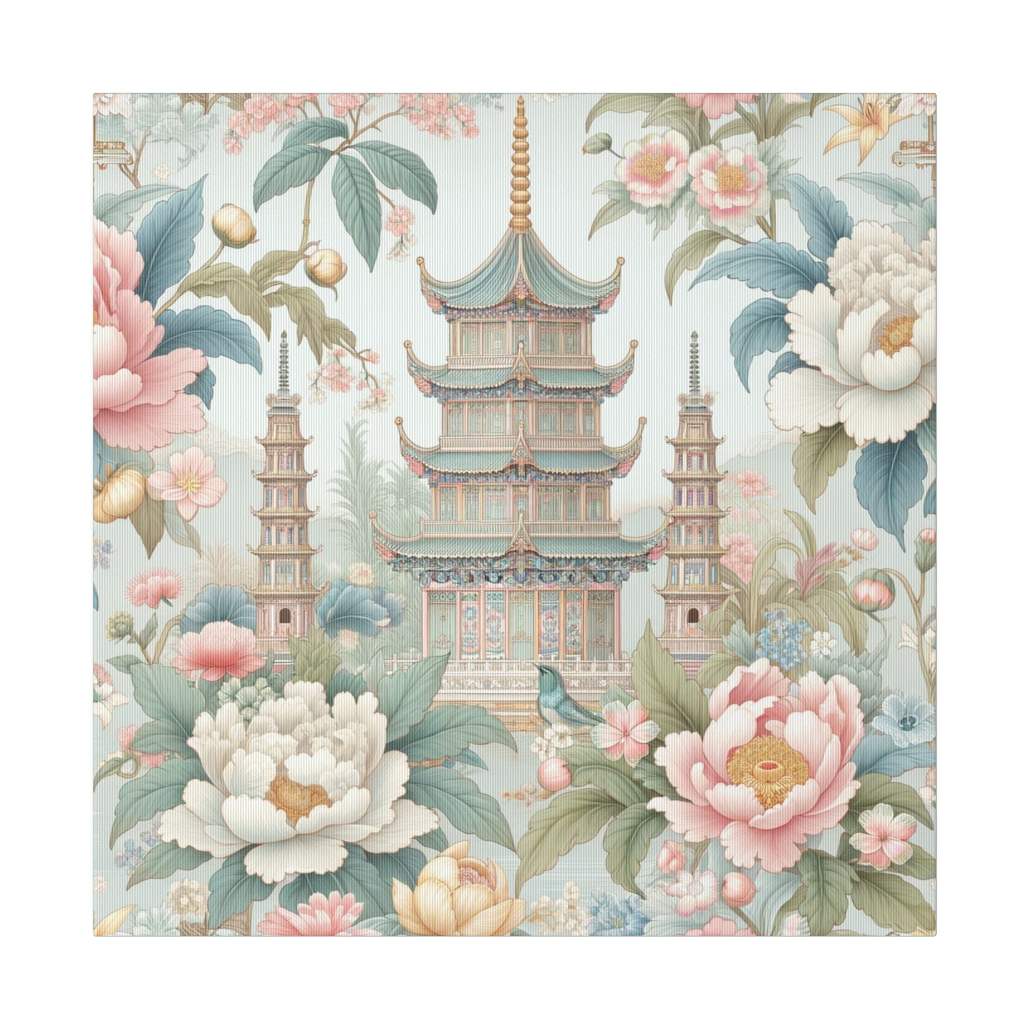 Chinoisere Wall Art, Beautiful Exotic Pagoda, Pastels, Florals, Roses, Blue Birds, Southern Home Style Wall Art - Mid Century Modern Gal