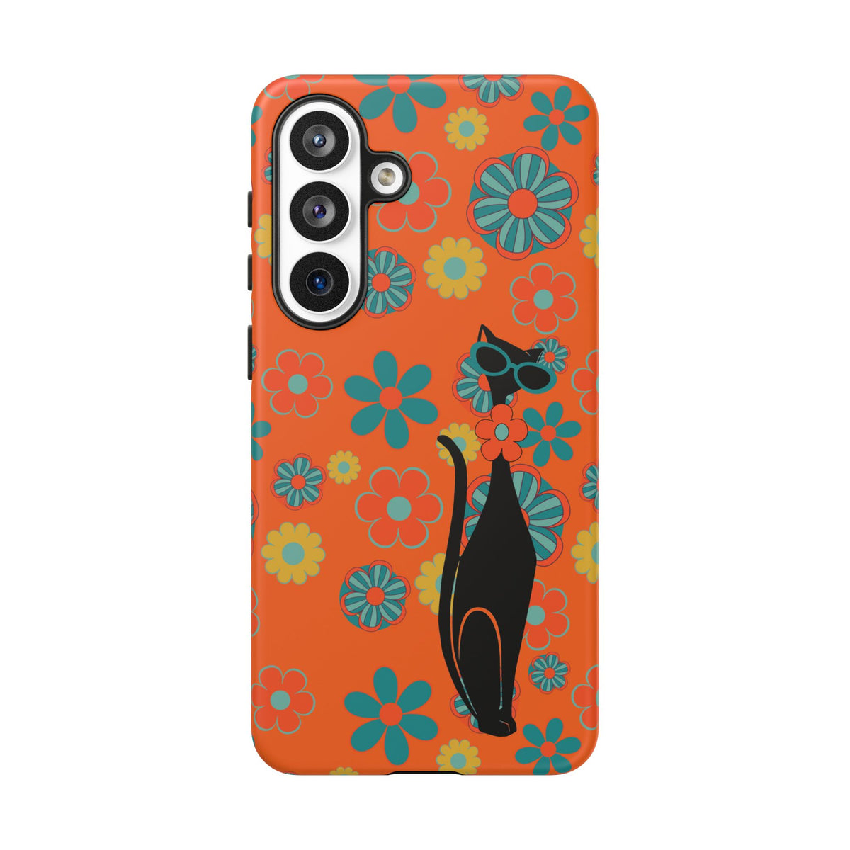 Flower Power, Retro Groovy Atomic Cat, Hipster Style Orange Samsung Galaxy and Google Pixel Tough Cases
