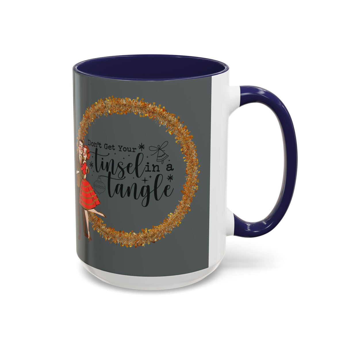 Vintage 50s kitschy Christmas mug featuring a playful design with the phrase "Don't Get Your Tinsel In A Tangle" and a festive character.