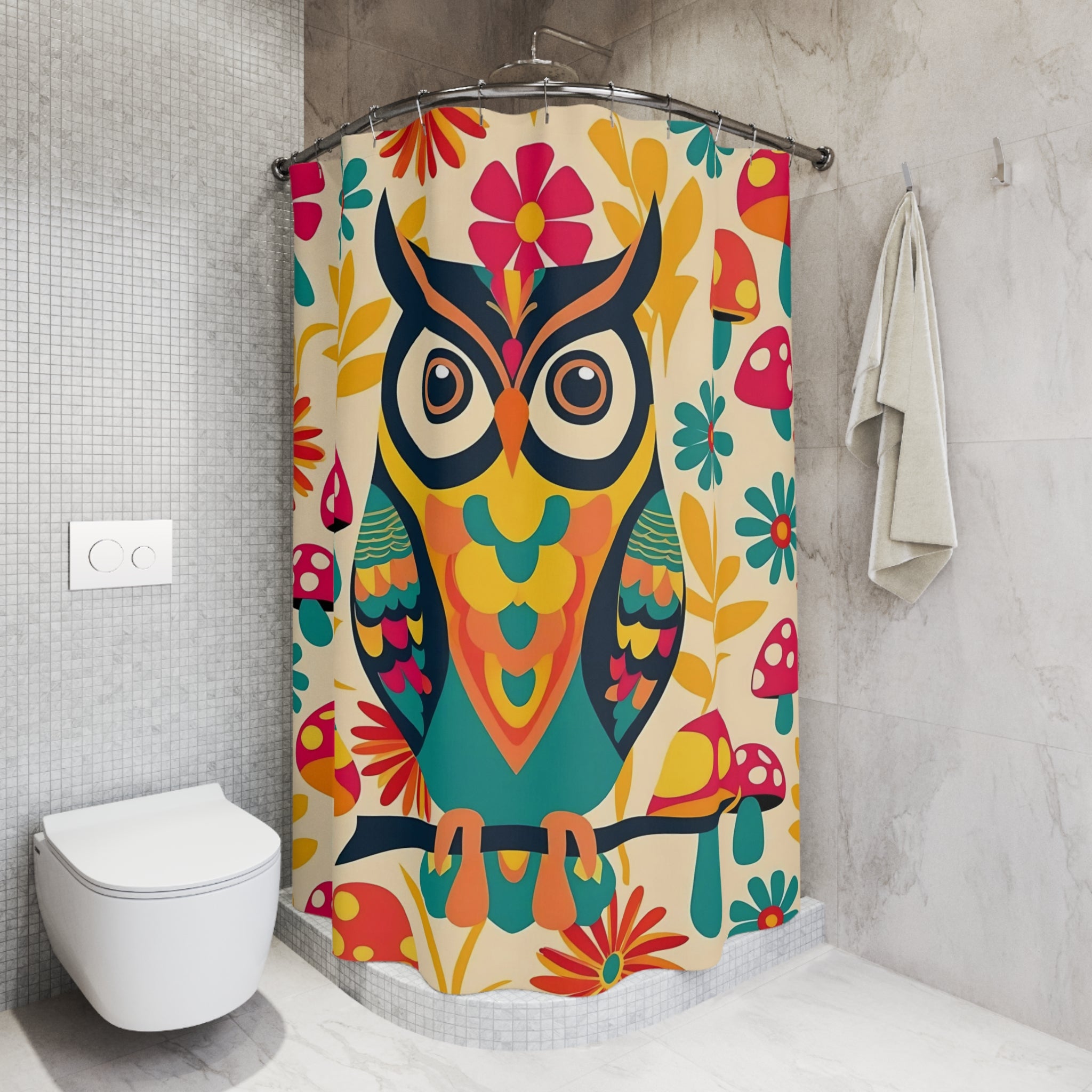 Retro 70s Groovy Owl, Mushroom Colorful Owl Shower Curtain - Vibrant Floral Design for Bathroom Decor - Mid Century Modern Gal