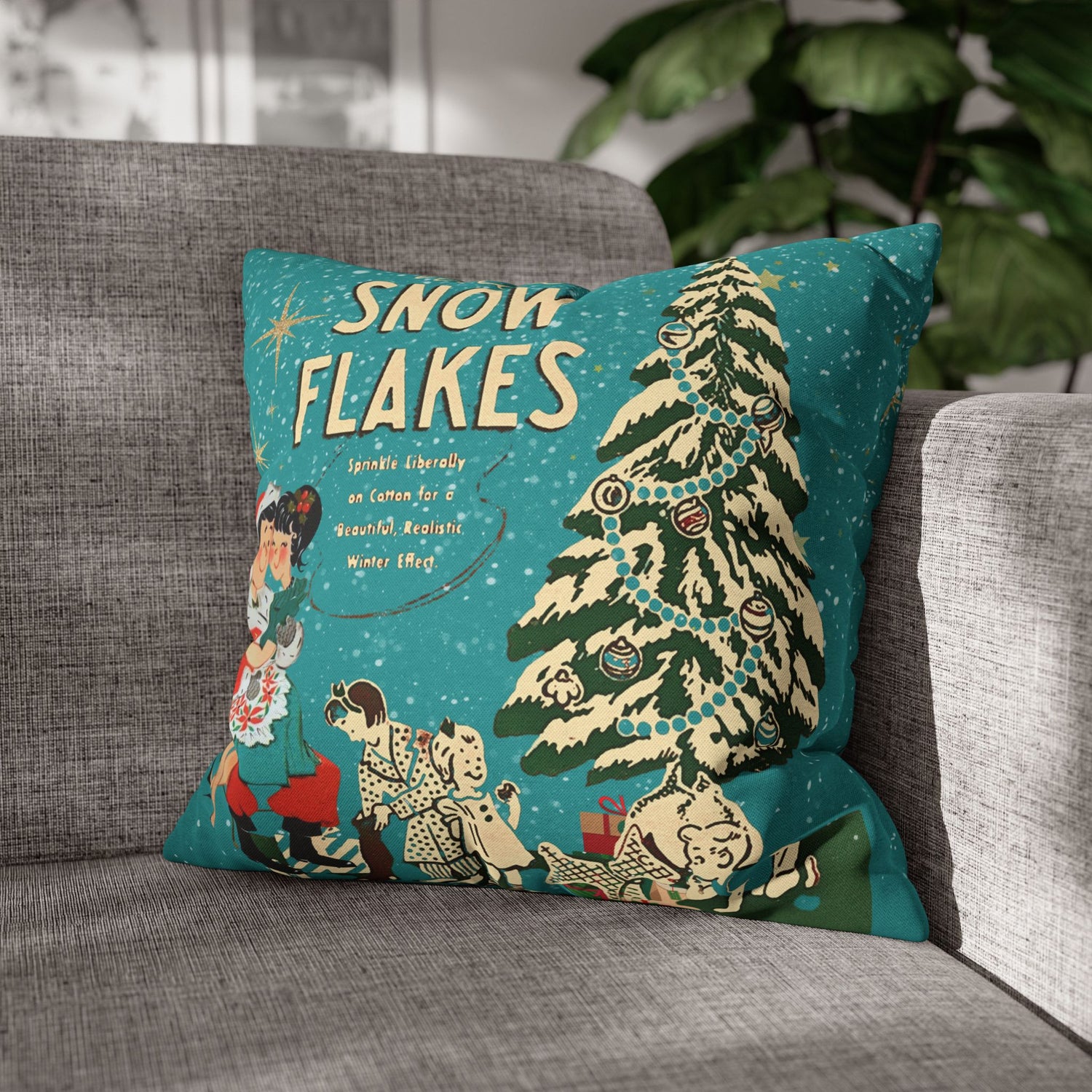 50s Mica Snow Christmas Pillow, Kitschy Mod Couple, Festive Fun Pillow Cover - Mid Century Modern Gal
