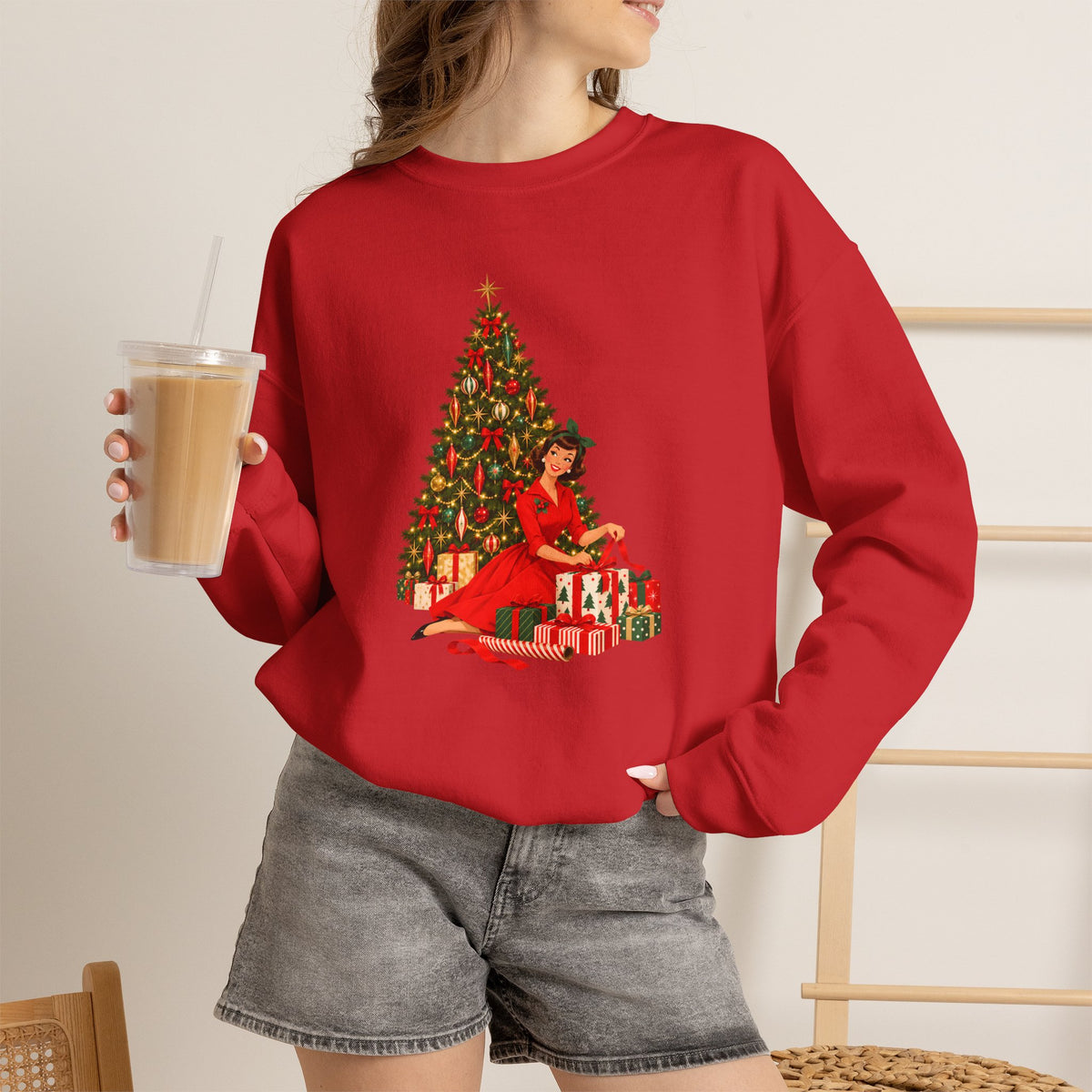 Mid Century Modern Christmas Glamour Gal Wrapping Presents by Tree Unisex Heavy Blend™ Crewneck Sweatshirt - Mid Century Modern Gal