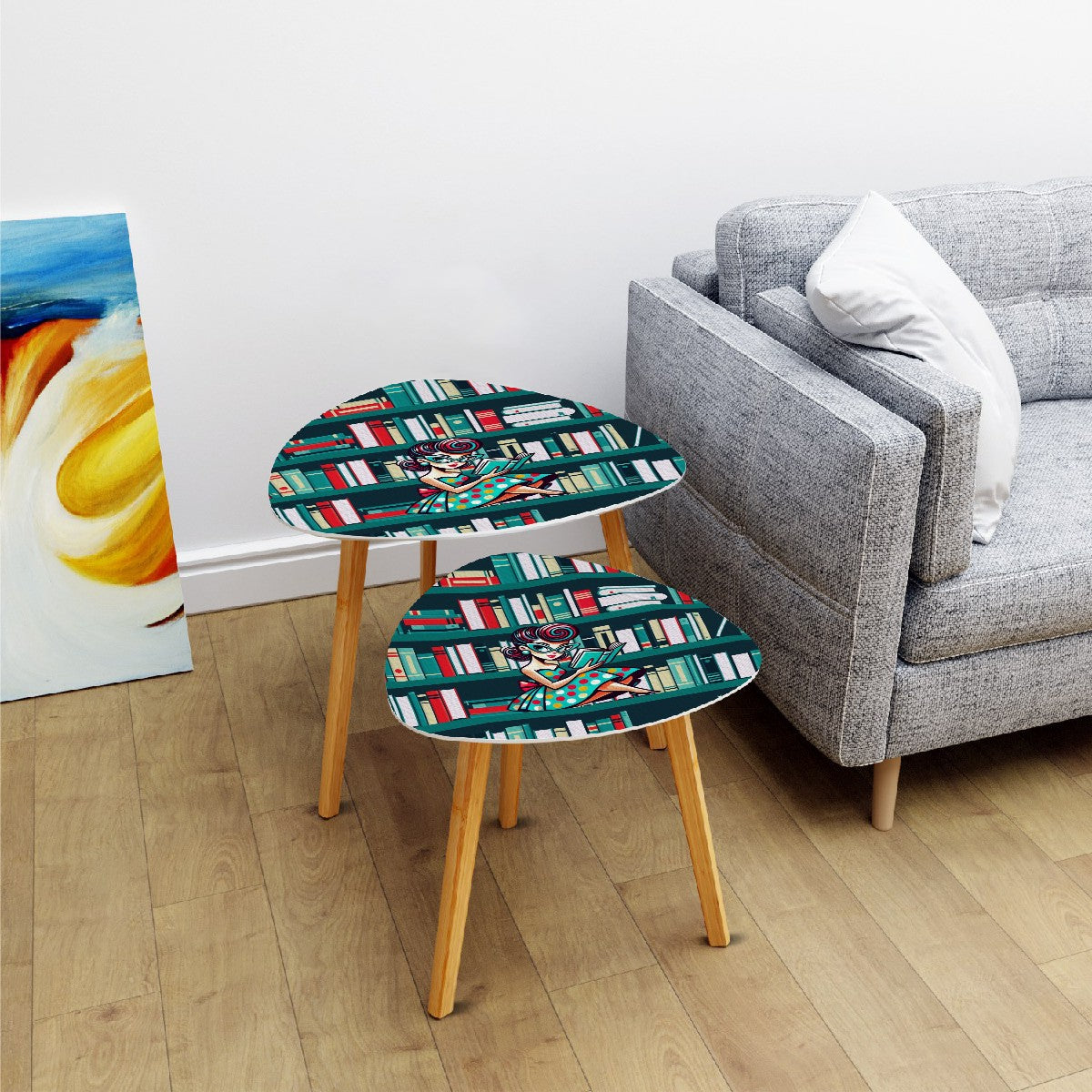 Mid Century Modern Office, Den, Retro Gal, Book Lover Triangle Coffee Table Set of 2 - Mid Century Modern Gal